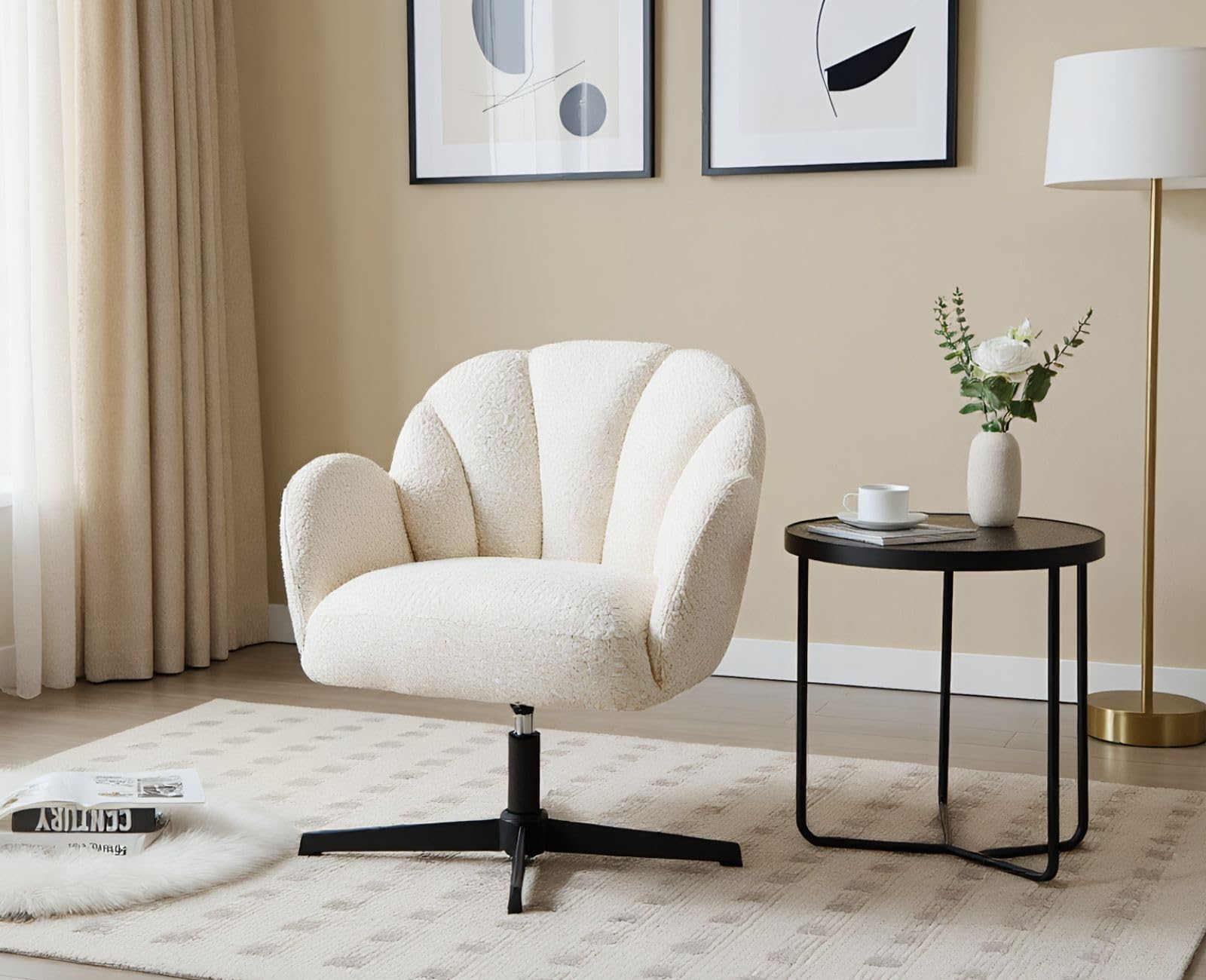 chairus Sillón Butaca de Salón de Lana Sintética Sillón Lectura Habitación Giratoria con Reposabrazos, Silla Individual de Ocio con Base de Metal para Hogar/Dormitorio, Blanco