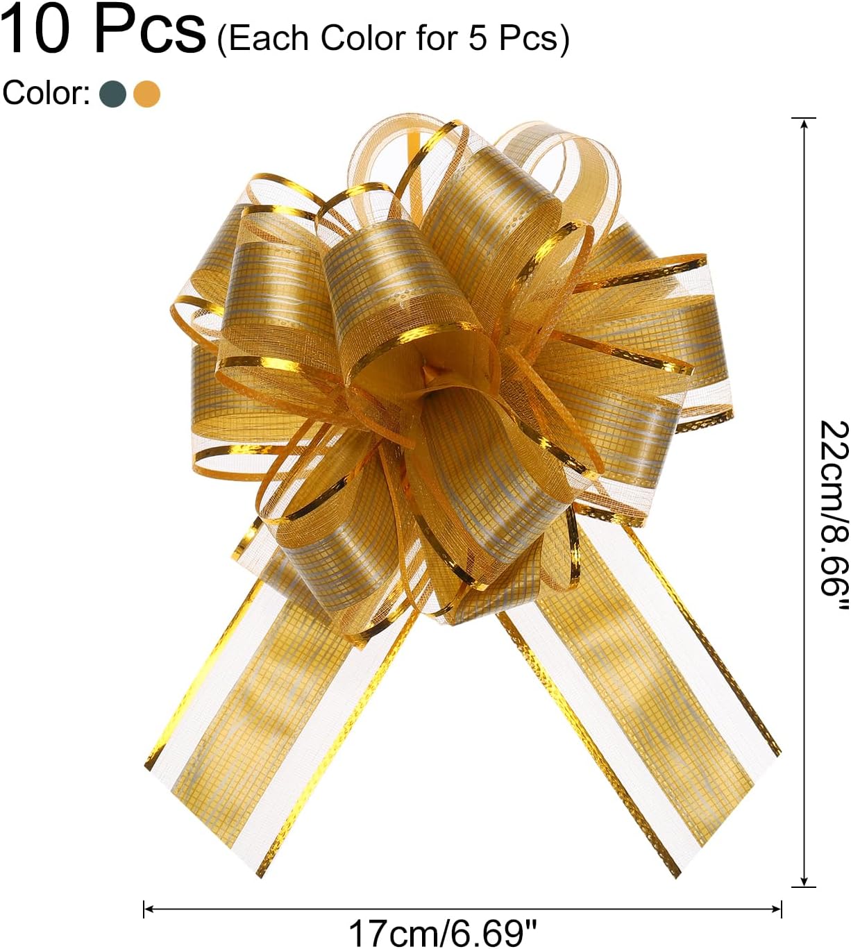 MECCANIXITY 10pcs 7 Inch Large Pull Bow Gift Wrapping Bows Ribbon Organza Bows Gold Green for Wedding Baskets Presents Christmas Party - Image 2