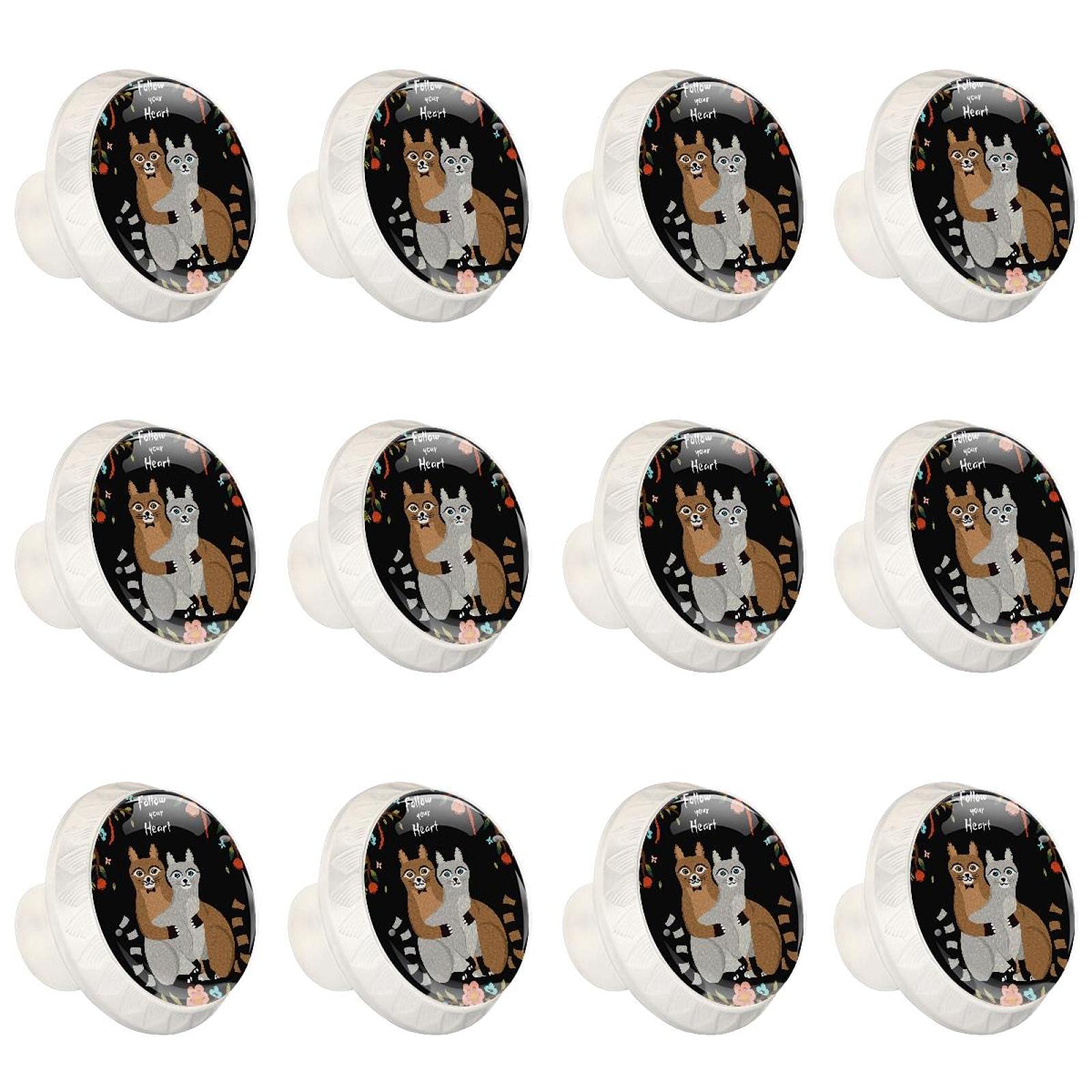 Lot de 12 poignées de tiroir rondes blanches avec motif chat Follow Your Heart
