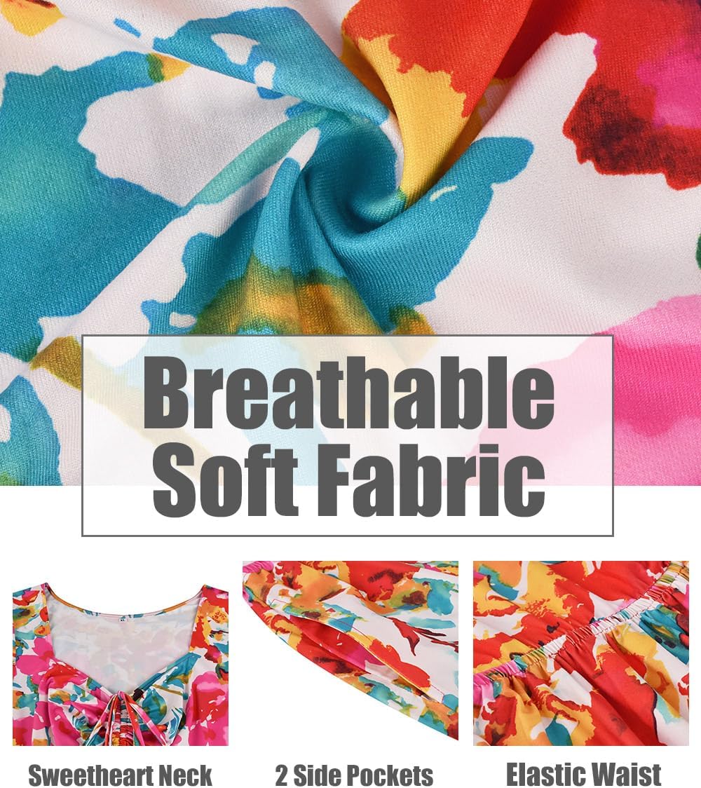 CARCOS Plus Size Dresses for Curvy Women Tie Sweetheart Neck Summer Maxi Dress Short Sleeve Empire Waist Floral Boho Dress - Image 6