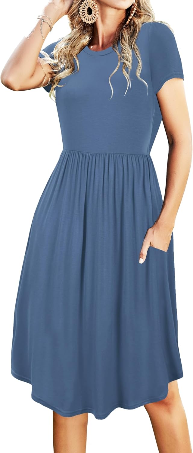 Simier Fariry Womens Summer Pocket Knee Length Teacher Casual Dress Knit Fit Flare Short Sleeve Midi Work Travel Outfits