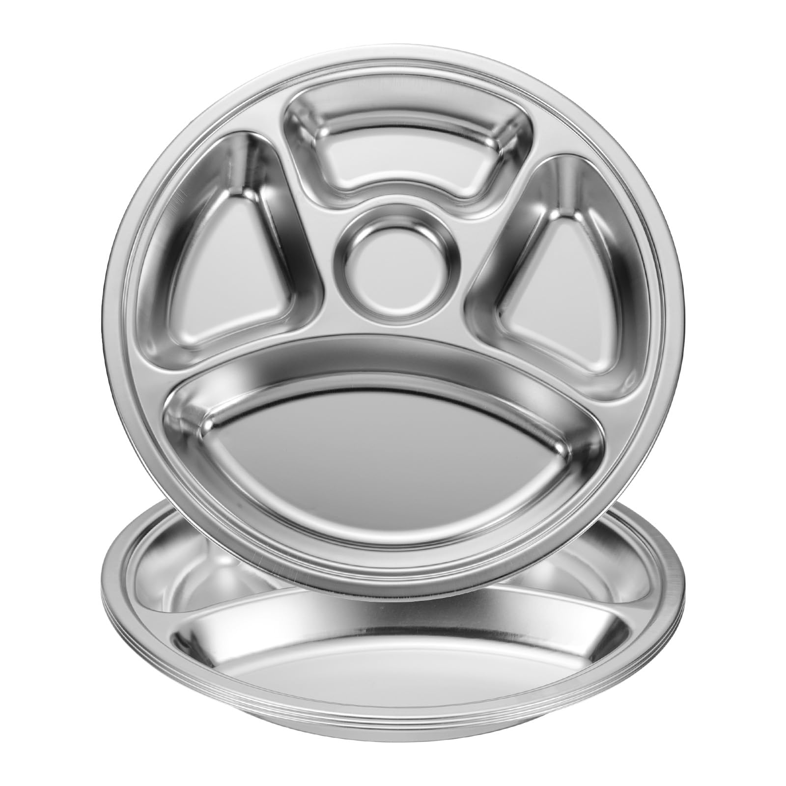 QUARKZMAN 4 Pezzi Piatti Da Portata In Acciaio Inossidabile Divisibili, 28cm/11 Vassoio Rotondo Con 5 Scompartimenti Per Ristorante Cucina Controllo Porzioni Campeggio, Argento