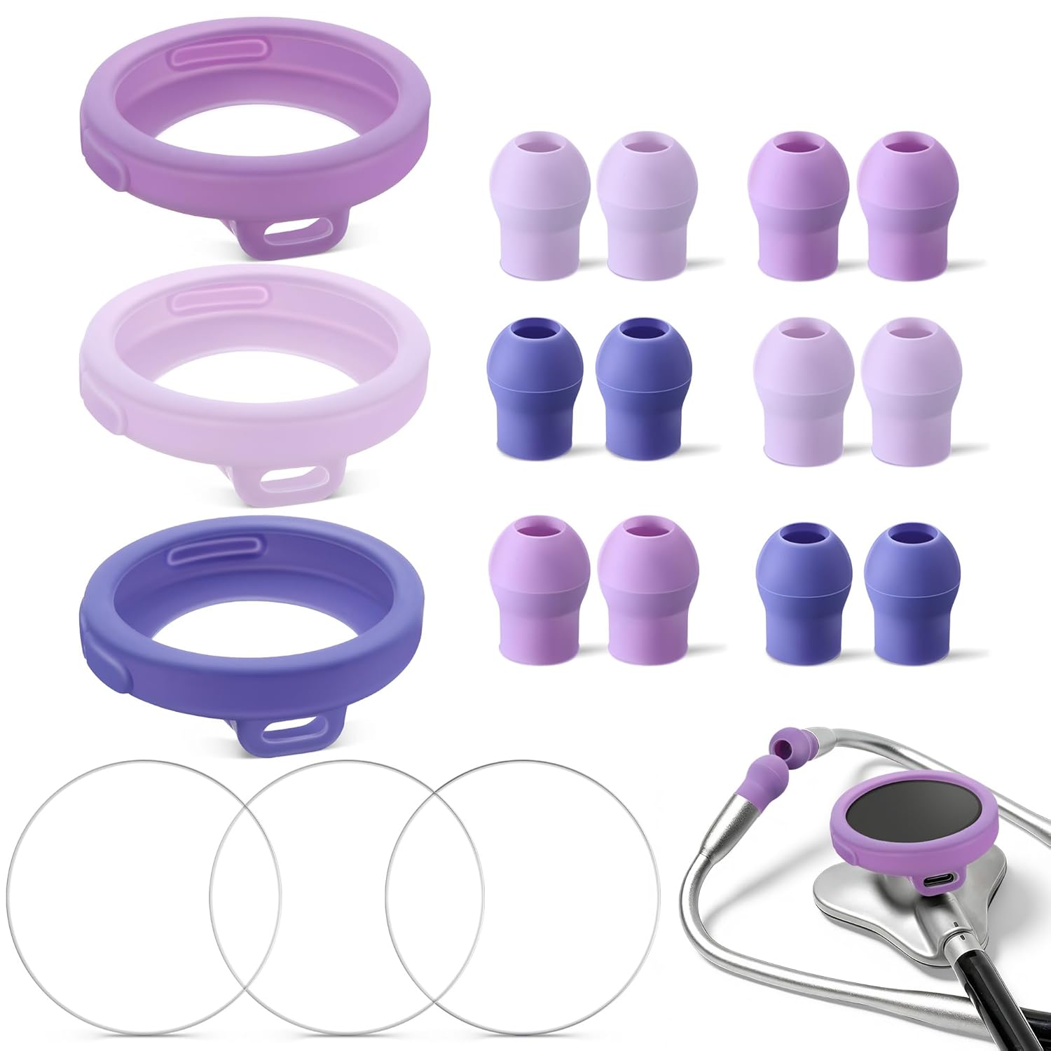 All in One Protection Kit Compatible with EKO Core 500, 3 Pcs 2.5D Tempered Glass Screen Protector 3 Digital Stethoscope Chestpiece Cover & 12 Silicon Ear Tip(Gradient Purple)
