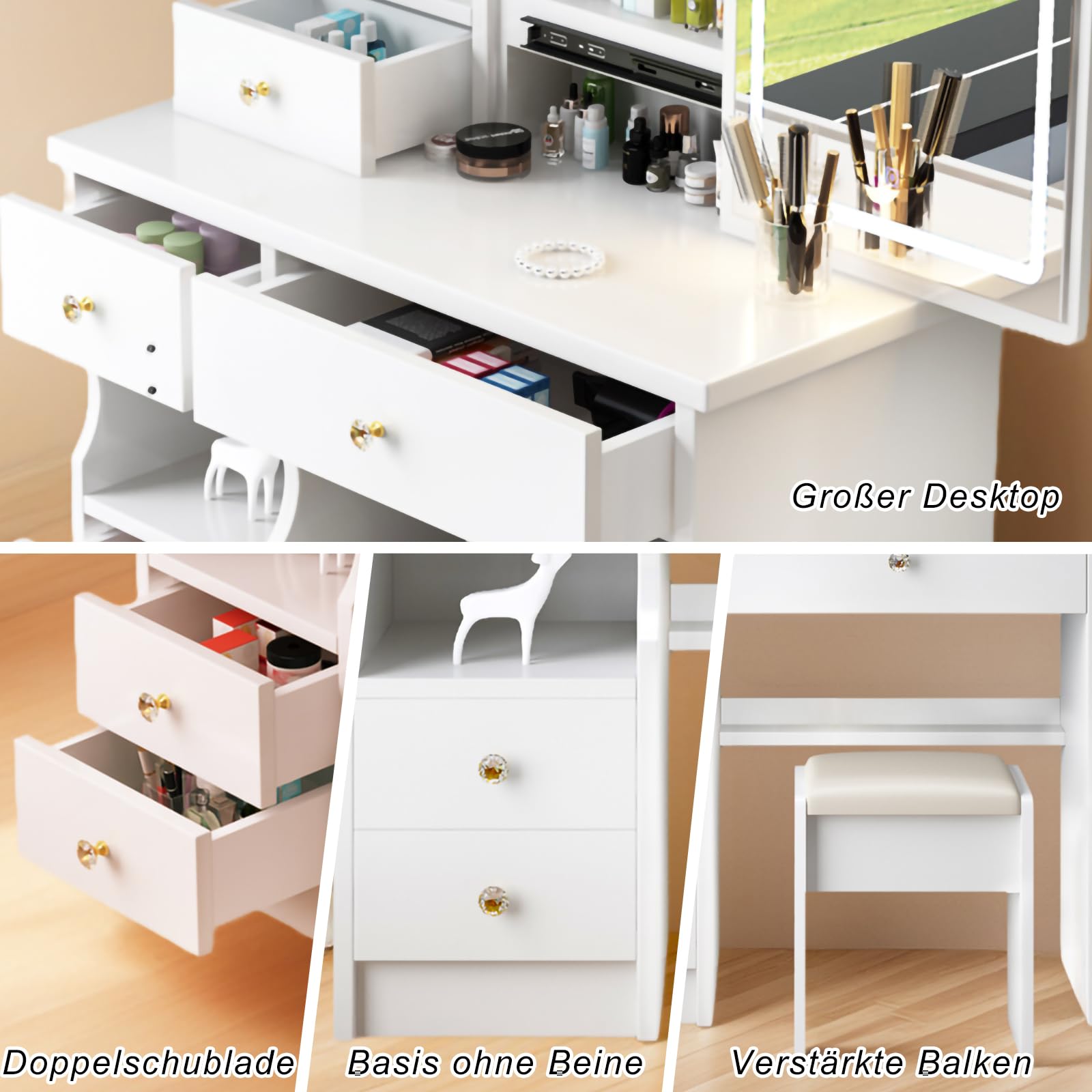 Coiffeuse Avec Miroir LED Et Tiroirs - éclairage Réglable, 5 Tiroirs + 4 étagères, Design Moderne Pour Chambre