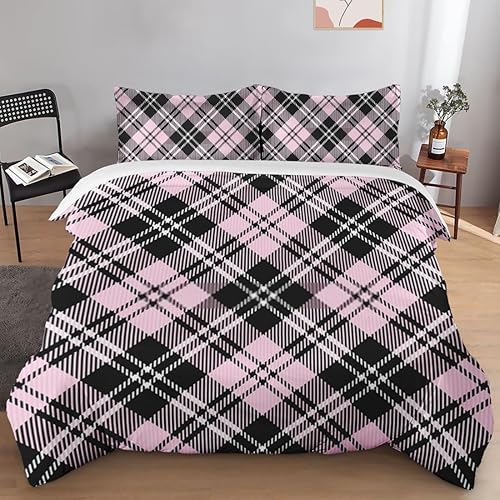 Juego de funda de edredón, juego de ropa de cama de San Valentín a cuadros rojos y rosas para niños y adultos, decoración de dormitorio vintage,