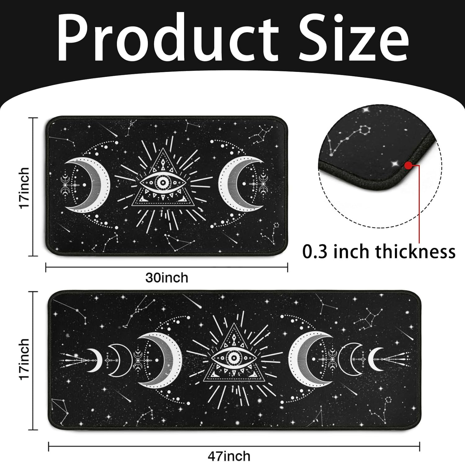 Moon Phase Kitchen Rugs Set 2 Pieces Black Goth Non Skid Kitchen Floor Rug and Mat Kitchen Runner Rug Standing Area Mat 17"x47"+17"x30"