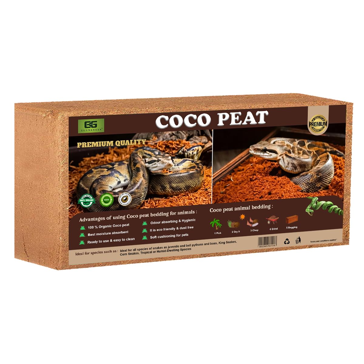 Elamgreen Coco peat Block for Animal Bedding pet Products | Dogs, Cats Reptiles Snakes Chicken Birds (650 gram)
