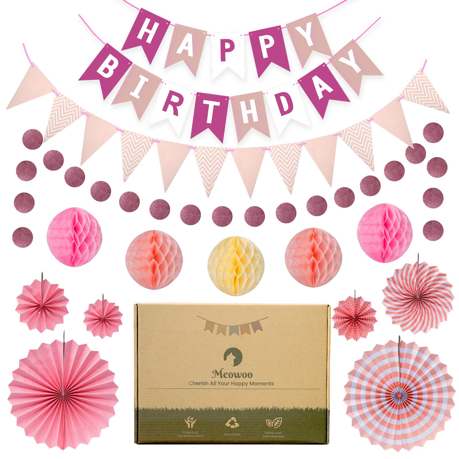 Meowoo Banner Happy Birthday Girlande mit 5 Goldenen Latexballons, Geburtstag Deko Zubehör Party Dekoration Banner und Ballon Set Geeignet für alle Altersgruppen