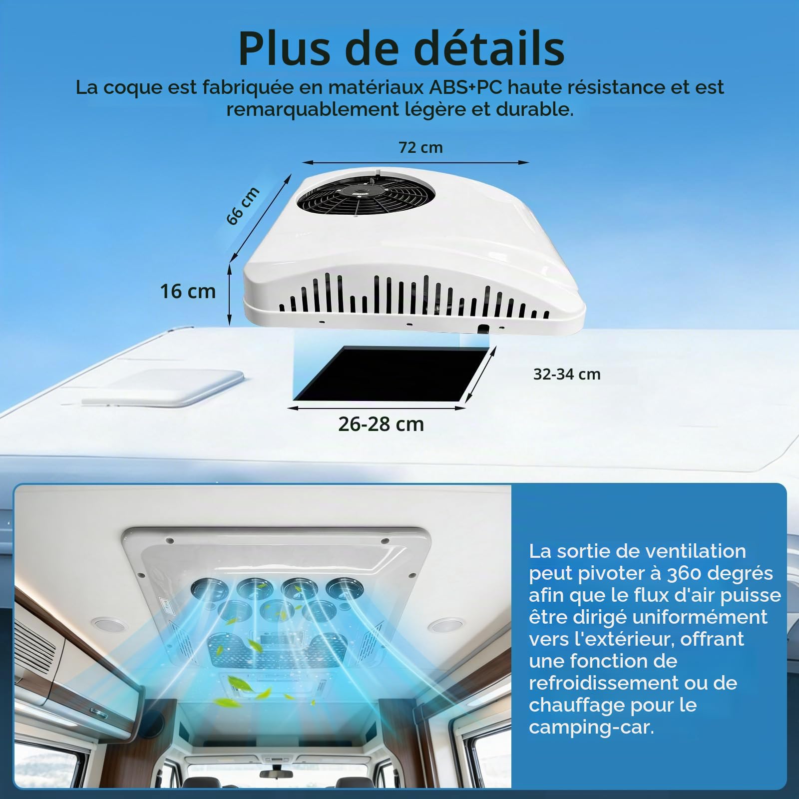 Climatiseur de Toit 12V pour Camping-Cars/Climatiseur 12V pour Camping-Cars, 8800 BTU Chauffage et Refroidissement, Fonctionnement Silencieux, Montage Facile, Convient aux Camping-Cars, Camions