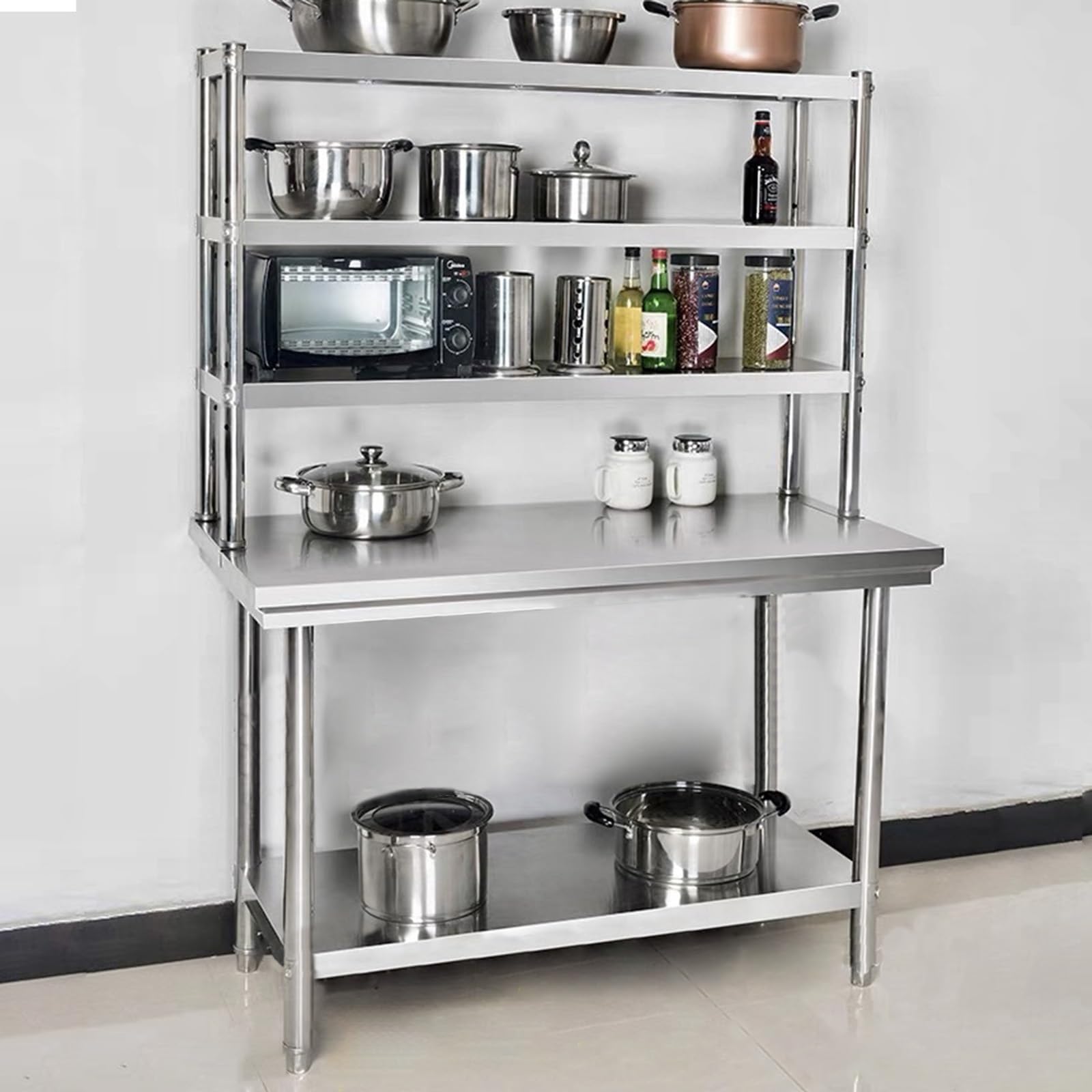 Banco da lavoro a 3 ripiani in acciaio inox con ampio tavolo di preparazione per cucina e lavanderia, scaffalatura resistente da 0,6 mm di spessore (lunghezza x larghezza x altezza 90 x altezza 90 x