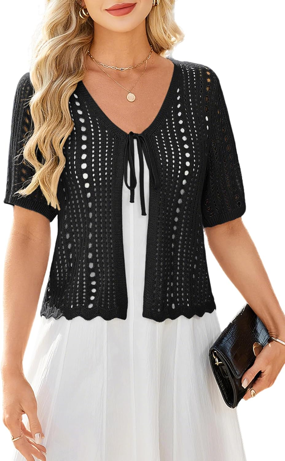 Yekaty Crochet Cardigans for Women Cropped Short Sleeve Tie Front Cardigan Lightweight Bolero Shrug Sweaters