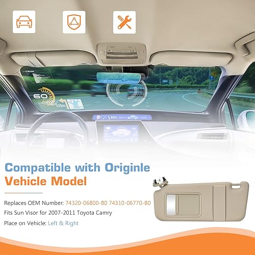 Miniatura 2 de Parasol lateral derecho del pasajero con techo solar y luz para Toyota Camry 2007 2008 2009 2010 2011, repuesto 74310-06770-B0, gris