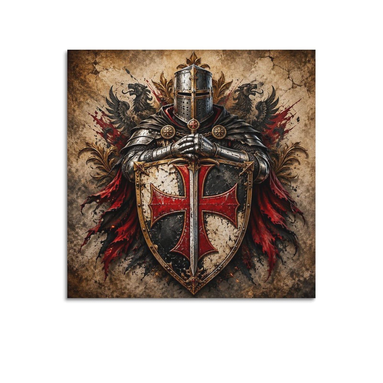 XKUGA Templar Cross Poster Enamel Shield Heraldic Knight Crest Modern Decorative Canvas Prints - Ideal Wall Art for Family, Man Cave, Game Room, Boys & Girls Bedroom 28x28inch(70x70cm)