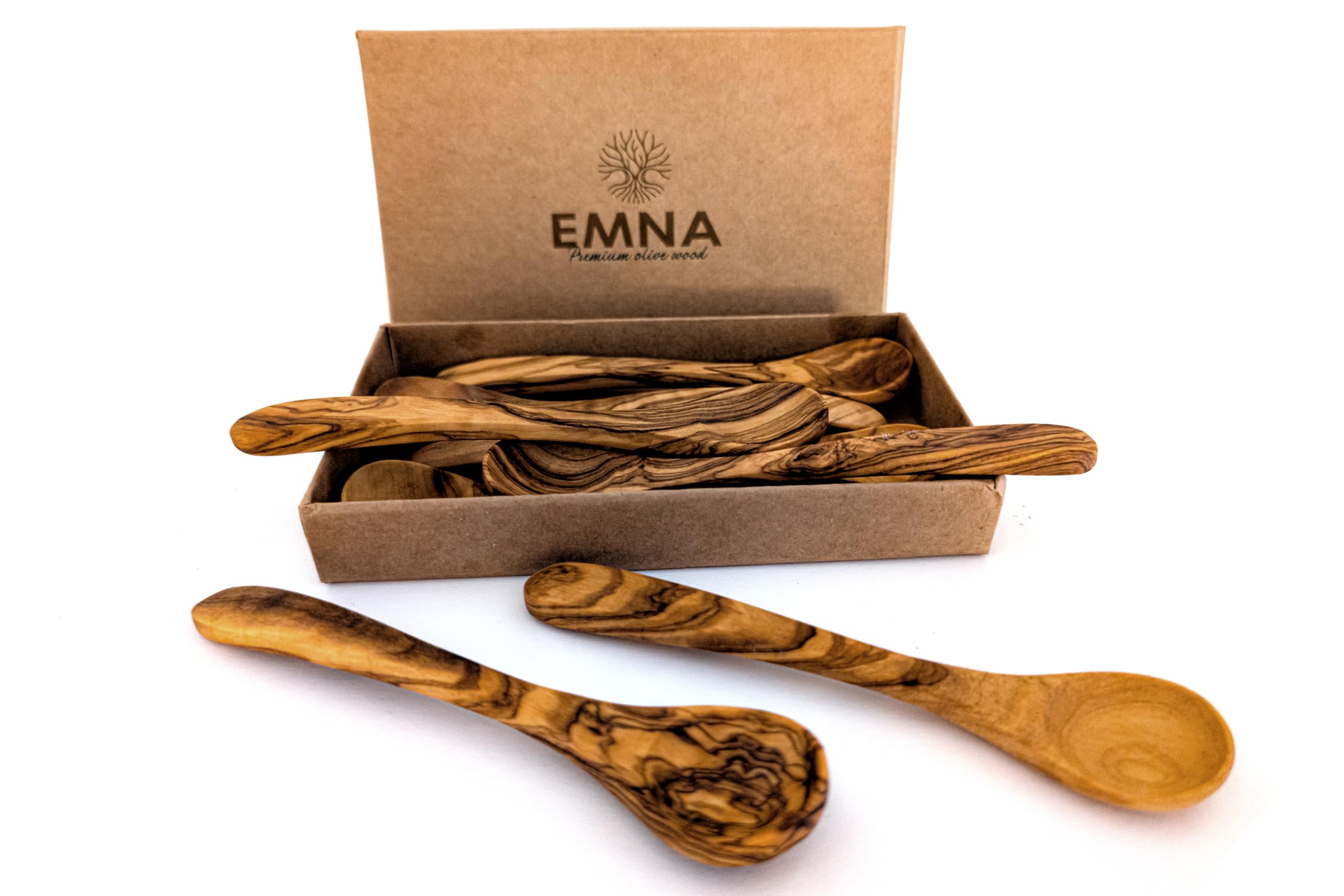 EMNA - Drewno oliwkowe 8 x łyżka 14 cm, łyżka do przypraw, łyżka deserowa, łyżeczka do kawy, łyżeczka do herbaty, naturalna, antybakteryjna, wszechstronna, pomysł na prezent do kuchni, smakoszy, w