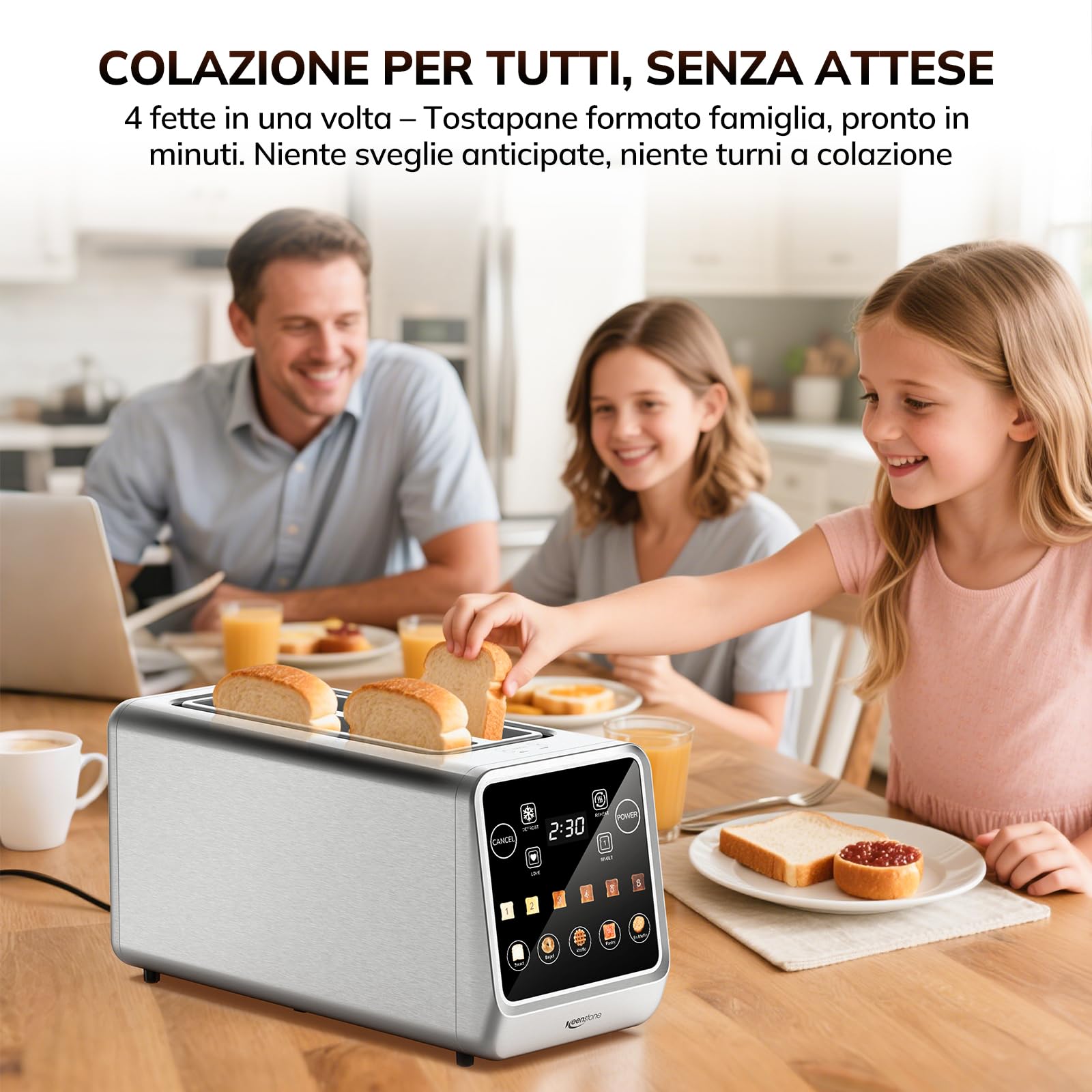 Keenstone Tostapane 4 fette, LED Display Touch screen e funzione memoria, timer, scongelamento e riscaldamento, tostapane in acciaio inox con 6 livelli di doratura, 5 programmi per il pane