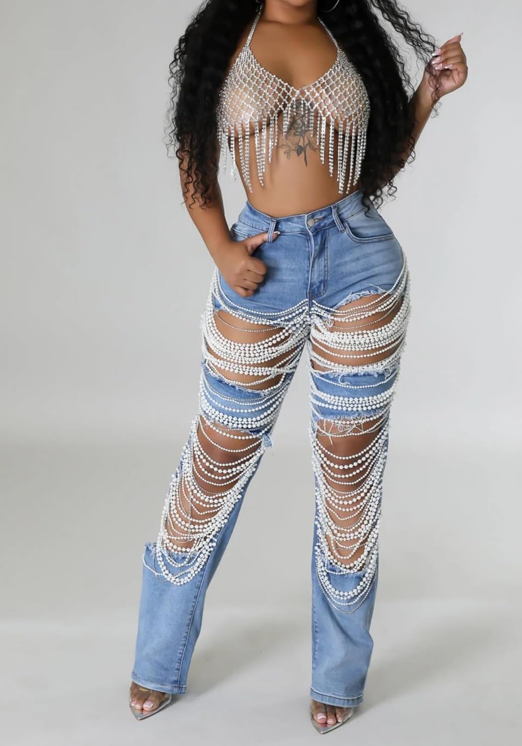 Lucuna Women's Rhinestone Ripped Jeans High Waist Boyfriend Cutout Straight Leg Pearl Distressed Denim Pants - Image 2