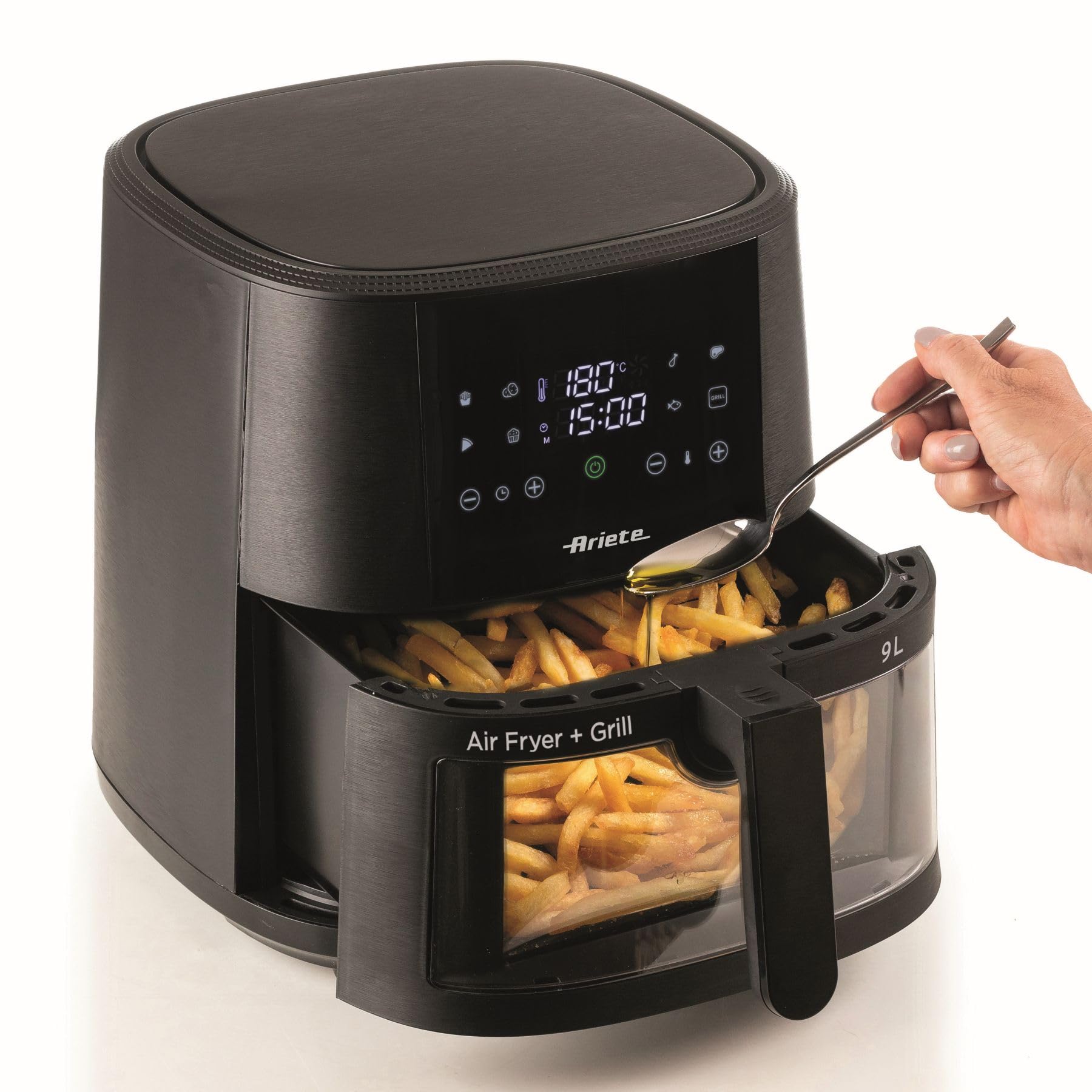 Ariete 4630 Friggitrice ad aria 9L, 1500 W, Capacità 9L, Capacità di cottura 2,5kg, 8 programmi preimpostati, Temperatura fino a 200°, Cestello trasparente, BPA Free, Nero