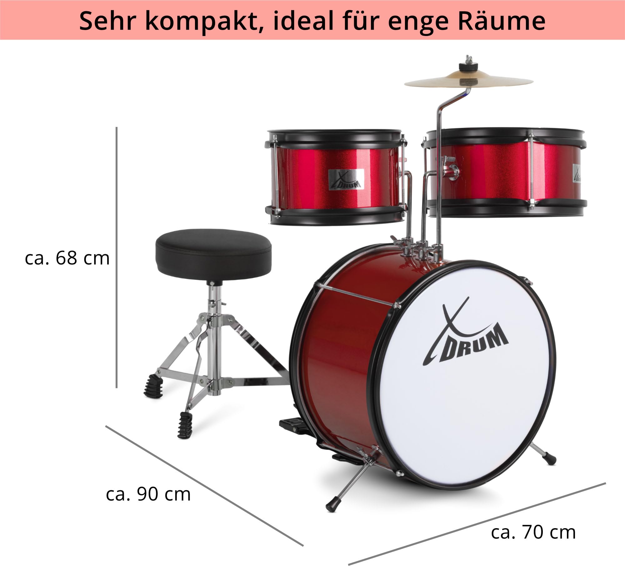 XDrum Junior KIDS Schlagzeug inkl. Schule - Kompaktes Kinderschlagzeug - Für Kinder im Alter von 3-5 Jahren - Kinderleichter Aufbau - Mit Schule, Hocker, Drumsticks & Stimmschlüssel - Rot