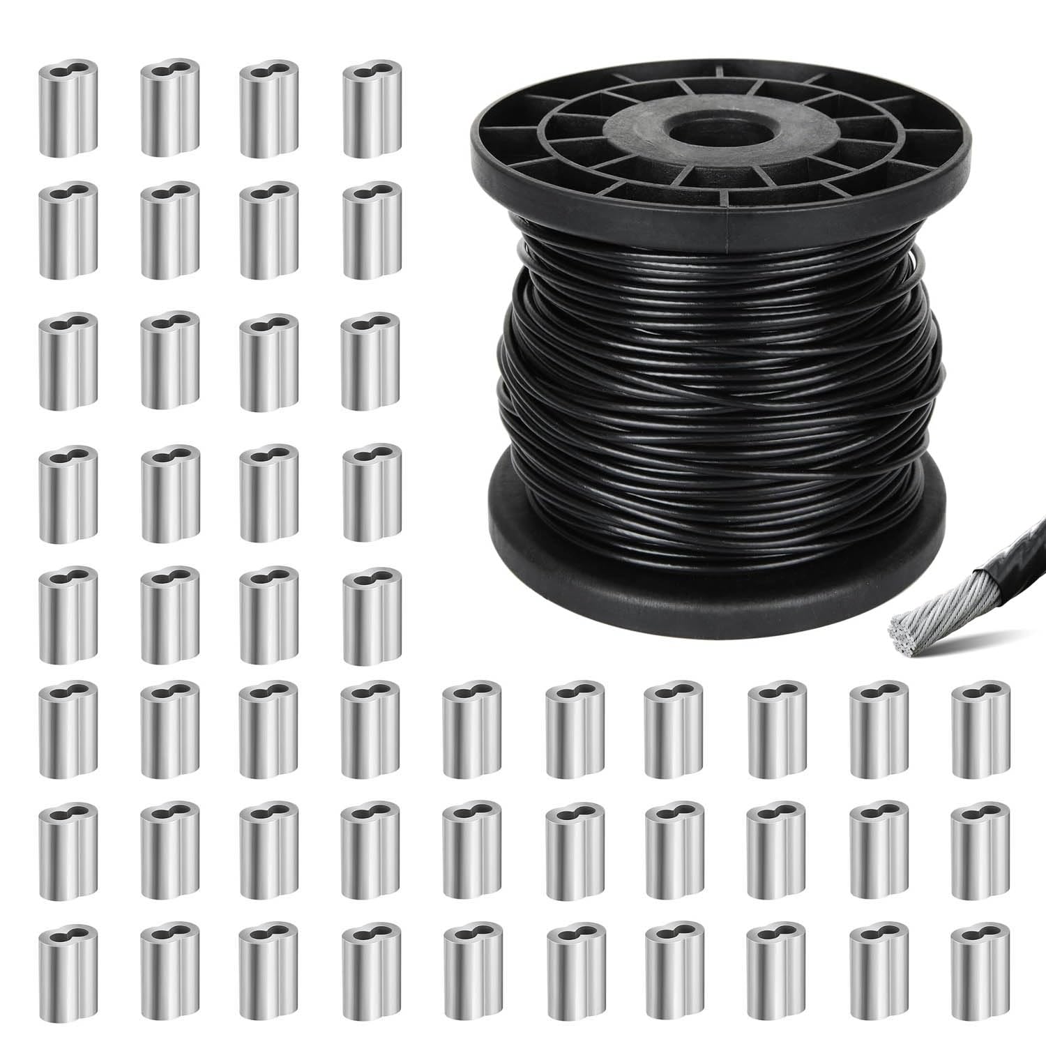 ibubu ステンレスワイヤー 2mm 50m巻 ワイヤーロープ 黒pvc被覆付き ワイヤー ビニール wire rope SUS304ステンレス材質 7×7構成 切断荷重275kg 50個アルミスリーブ付き 防錆性 脱落防止 地震対策 耐震ワイヤー フェンス 柵 棚 工事 林業 DIY