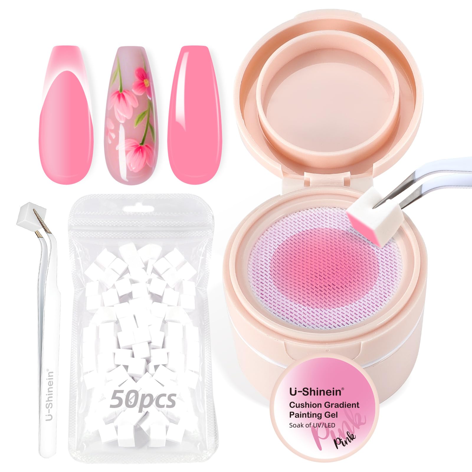 U-Shinein Cushion Gradient Painting Gel, Ombre Nails Aura Nails Full Coverage Precise Control of Each Dip 100pcs Spong & Grabbing Pen Matte Effect Non-Wipe Long Lasting Soak Off UV LED,Set Pink