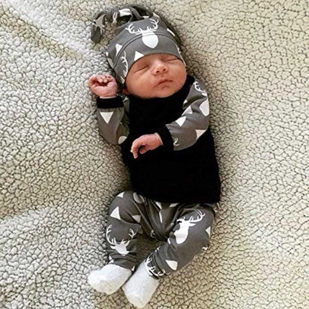CSMRTE 3Pcs/Set Newborn Baby Girl Boy Deer Tops T-shirt+Leggings + Hat Outfits Pajamas Set (0-6 Months)