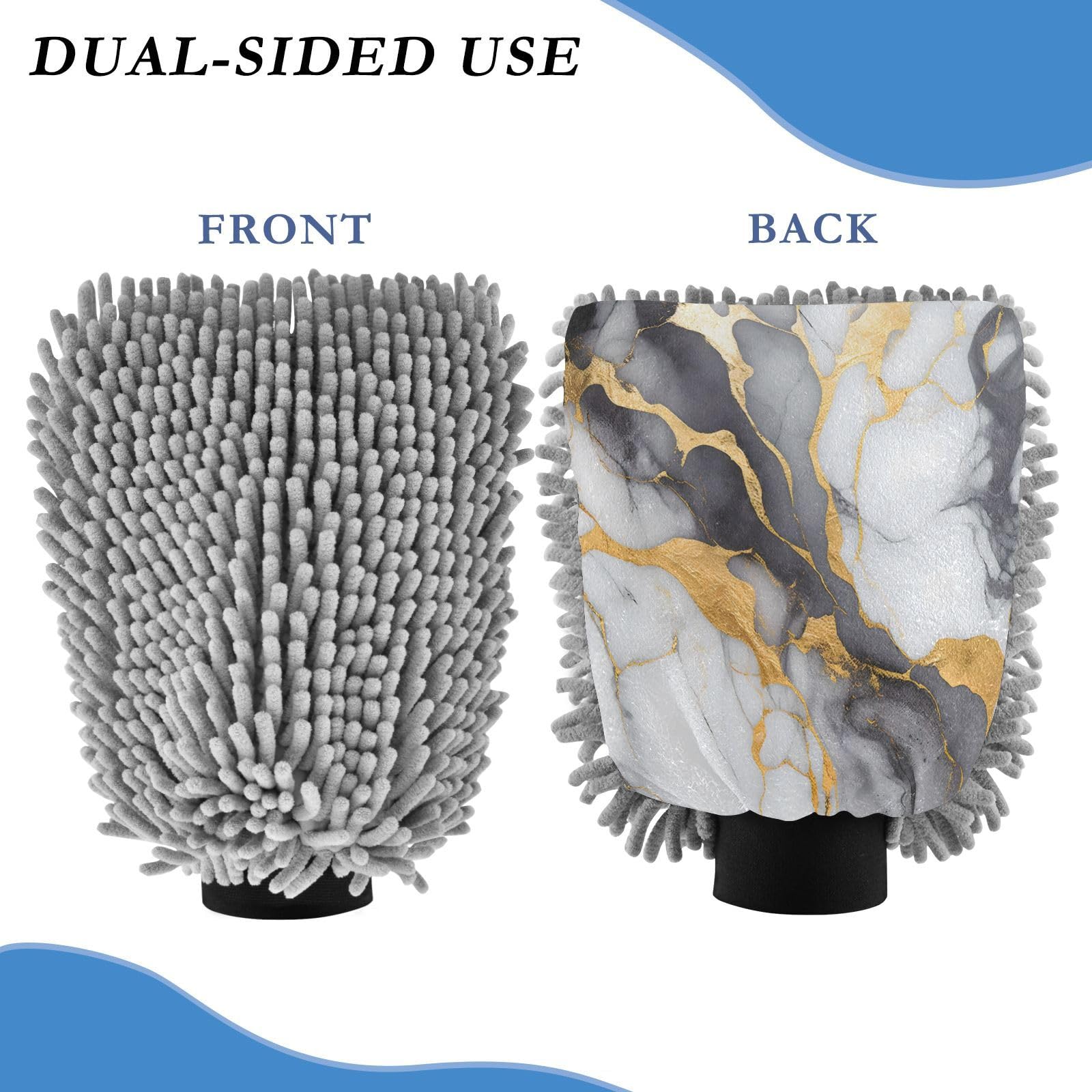 ALAZA Black & Gold Marble Modern Car Wash Mitt Scratch Free, 2 Pack Absorbent Microfiber/Chenille Washing & Drying Mitts, L