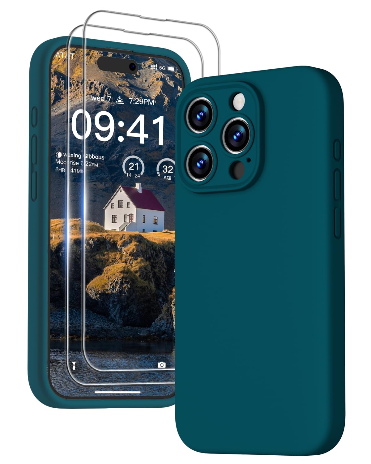 GOODVISH 3 in 1 Silicone Cover per iPhone 15 Pro Max 6.7" (2023), Custodia con 2 Pellicola Protettiva, Case per Cellulare Ultra Sottile Antiurto Resistente [Protezione Fotocamera], Verde Scuro