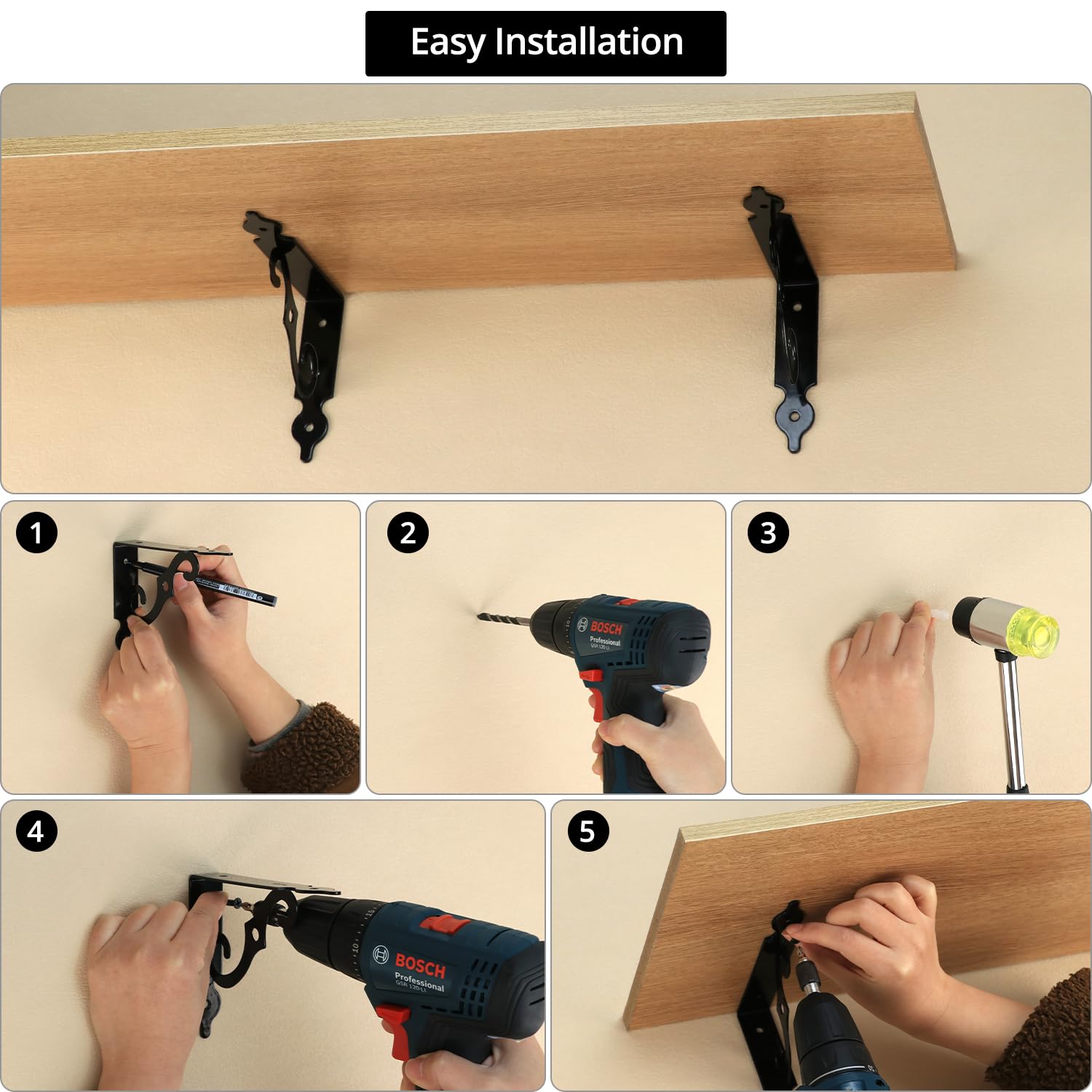 QWORK® 6Pcs L-Shaped Wall Brackets for Shelves 5.5 Inch Triangle Floating Shelf Support, Black Metal Shelf Bracket with Screws - Image 3