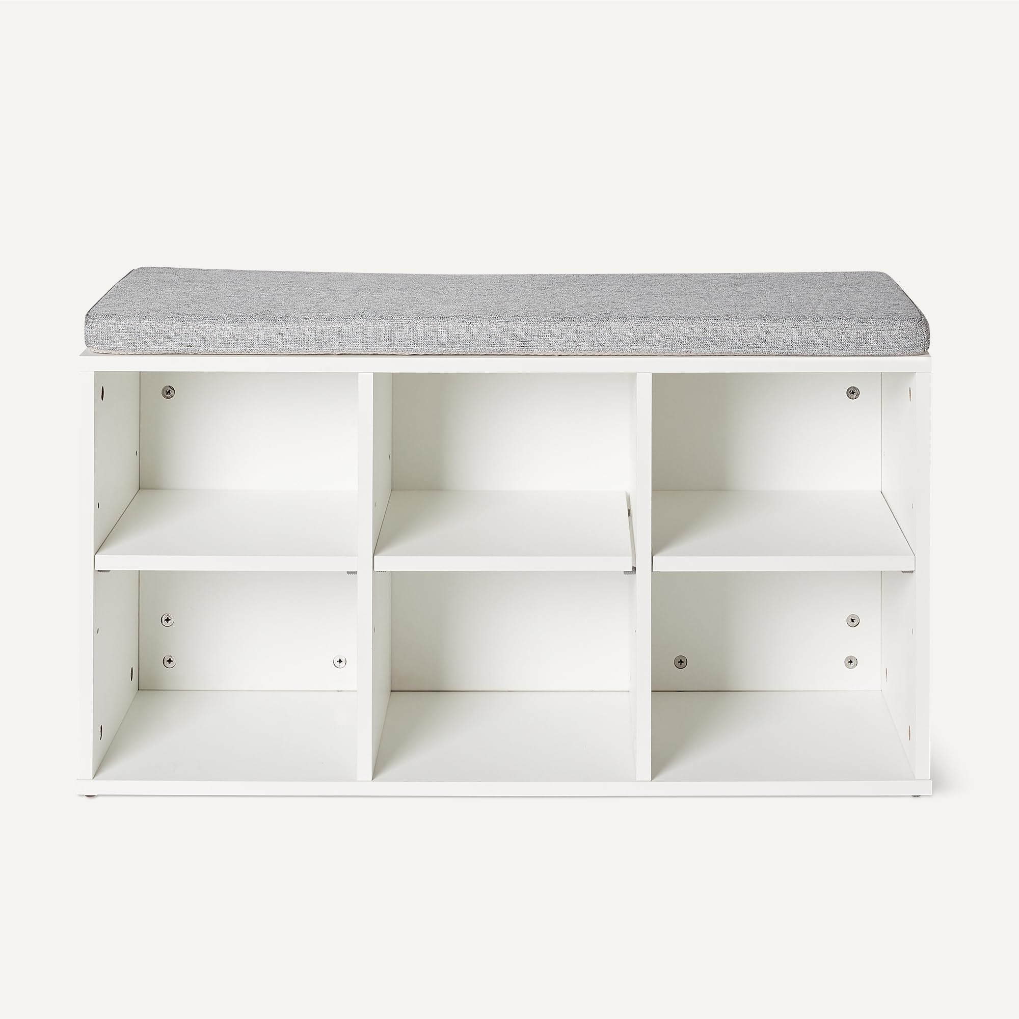 Amazon Basics Banco para Guardar Zapatos con Cojín, Zapatero con 6 Compartimentos, Estantes Ajustables, para la Entrada, 87 x 30 x 48cm, Blanco