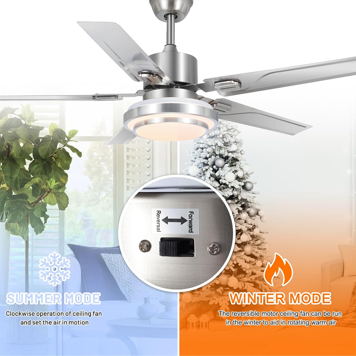52 Inch Brushed Nickel Ceiling Fan with Lights and Remote Control, Stainless Steel Dimmable 3-Color LED Ceiling Fan Light, Quiet Reversible Motor, 5 Blades Indoor Modern Ceiling Fan