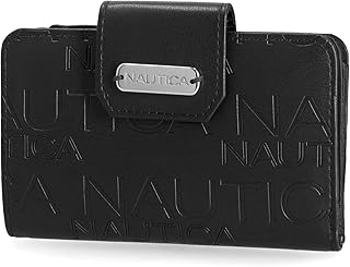Nautica Womens, Close Reach Vegan Leather RFID Wallet, Small Credit Card Holder Purse with Zipper Coin Pocket and ID Window in Black Embossed