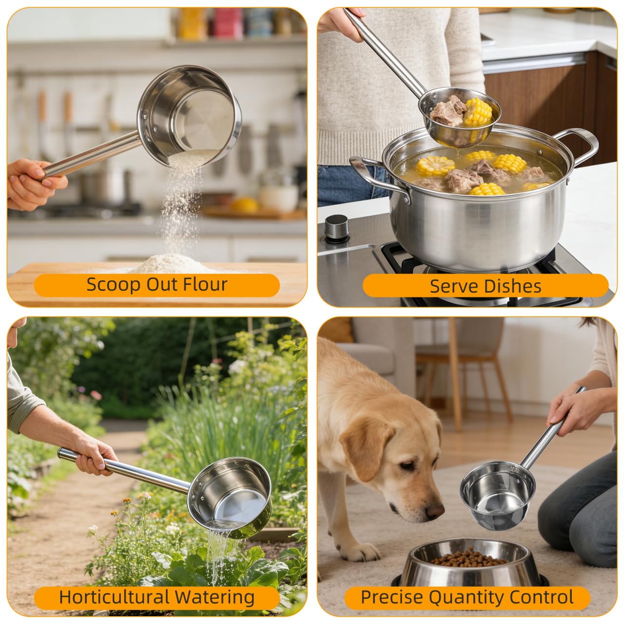 Veemoon Mestolo in acciaio inox, 1 litro, con manico lungo 16 cm, mestolo di alta qualità, ideale per cucina e giardino, lavabile in lavastoviglie, perfetto accessorio da cucina per zuppe e salse