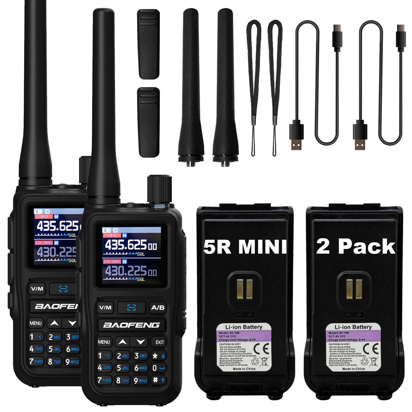 BAOFENG UV-5R Mini Two Way Radio BF-5R Mini Walkie Talkie Wireless Power Adjustable Tiny Size Frequency Copy 999 Channels Type-C Four Colors Portable Ham（2 Pack） (Black)