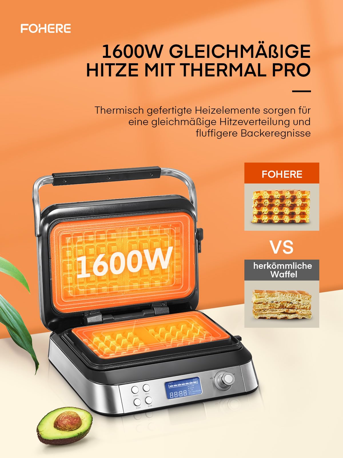 FOHERE Waffeleisen 1600 W, Doppelwaffeleisen für Belgische Waffeln, 5 Programme, 7 Bräunungsstufen, LCD Display, Countdown Timer, Überlaufrille, Extra Tiefe Heizplatten