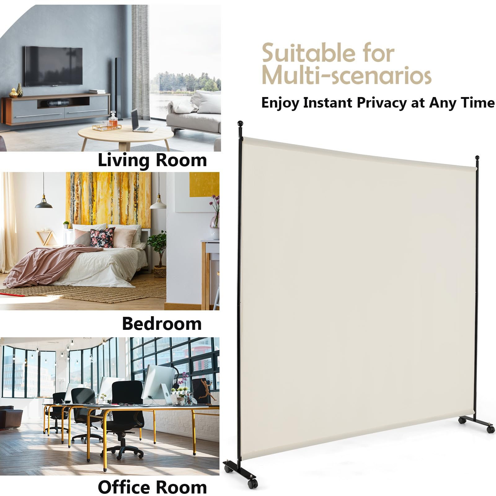 LIFEZEAL Biombo de 1 Panel, Separador para Interior, Exterior, Biombo Móvil Pared Divisoria, Marco de Metal con 4 Ruedas, Protección de Privacidad, Separador de Espacio, Byobu, 184 x 184 cm (Beige)