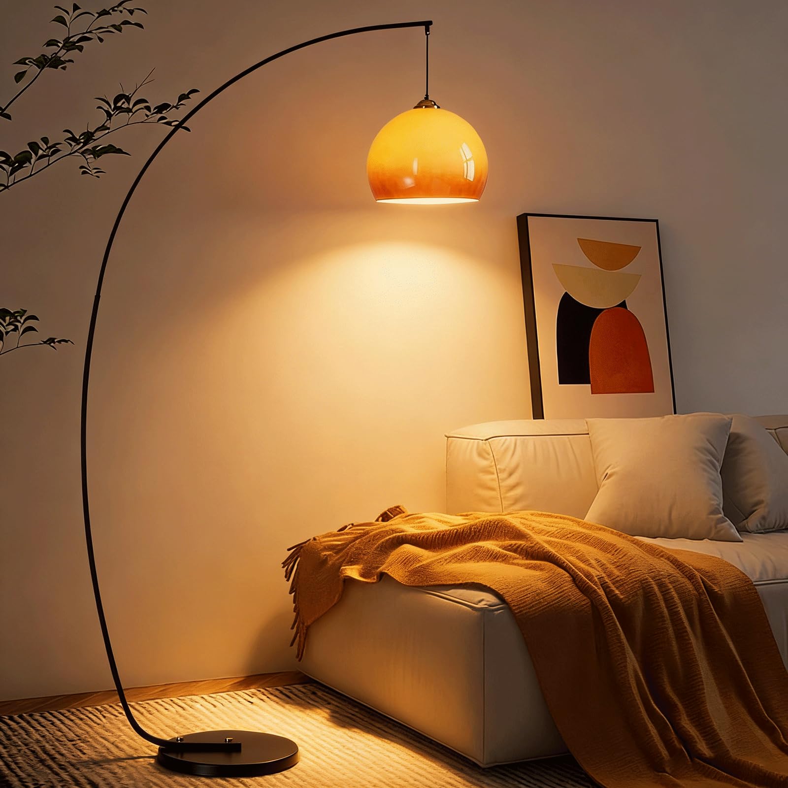 Lámpara de pie moderna de arco, lámpara de pie de cristal naranja, regulable en 3 colores con interruptor de pie, lámpara de pie curva de 180 cm de altura para sala de estar, dormitorio, comed