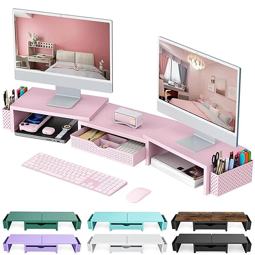 gianotter Dual Monitor Stand Riser, Desk Organizer With Drawer and 2 Pen Holders,Desk Organizers and Accessories, Pink Office Supplies (Pink)