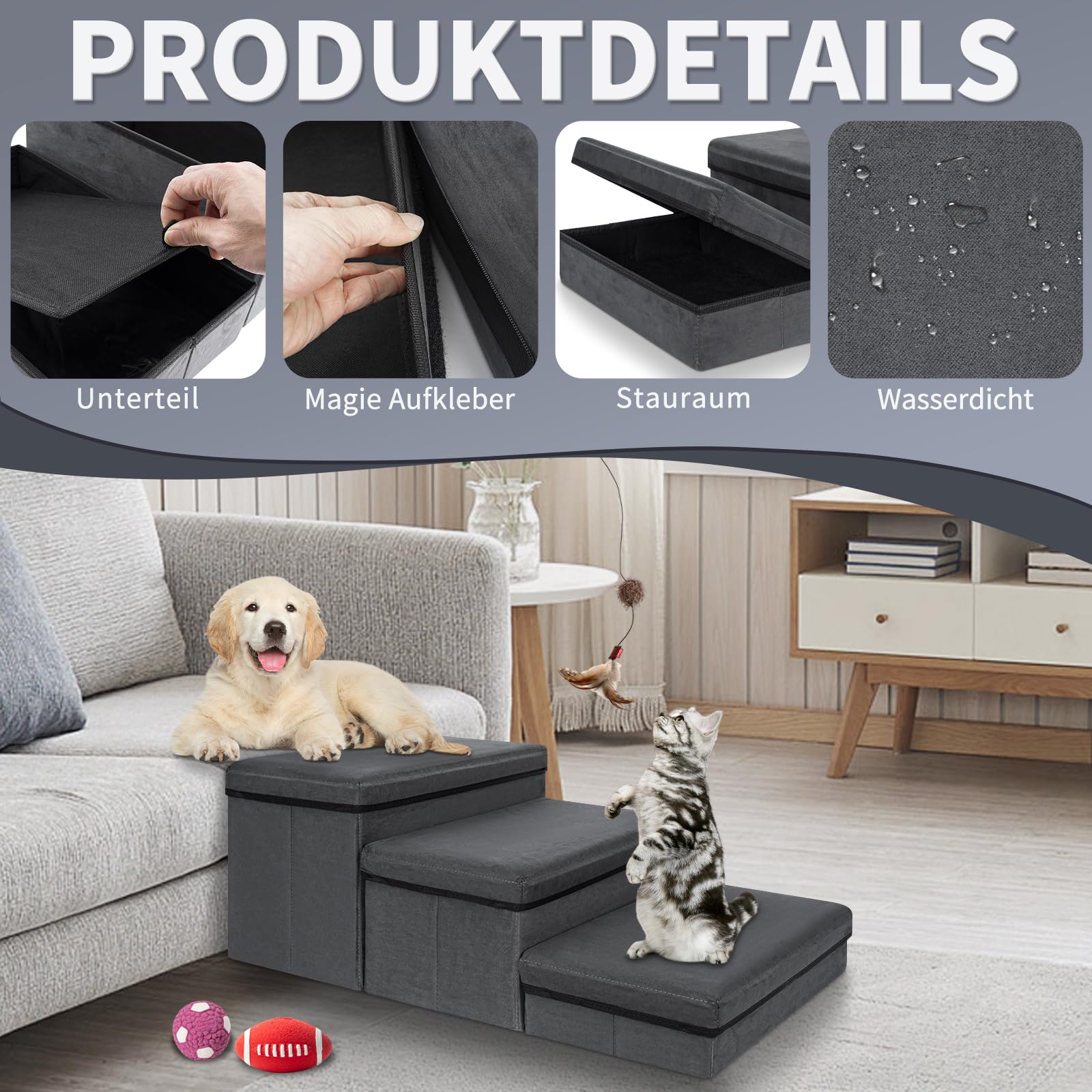 OUUTMEE Escalera para mascotas, 3 peldaños, escalera para perros plegable con espacio de almacenamiento, escalera para perros para camas, sofás, escaleras para gatos viejos, perros, capacidad de carga