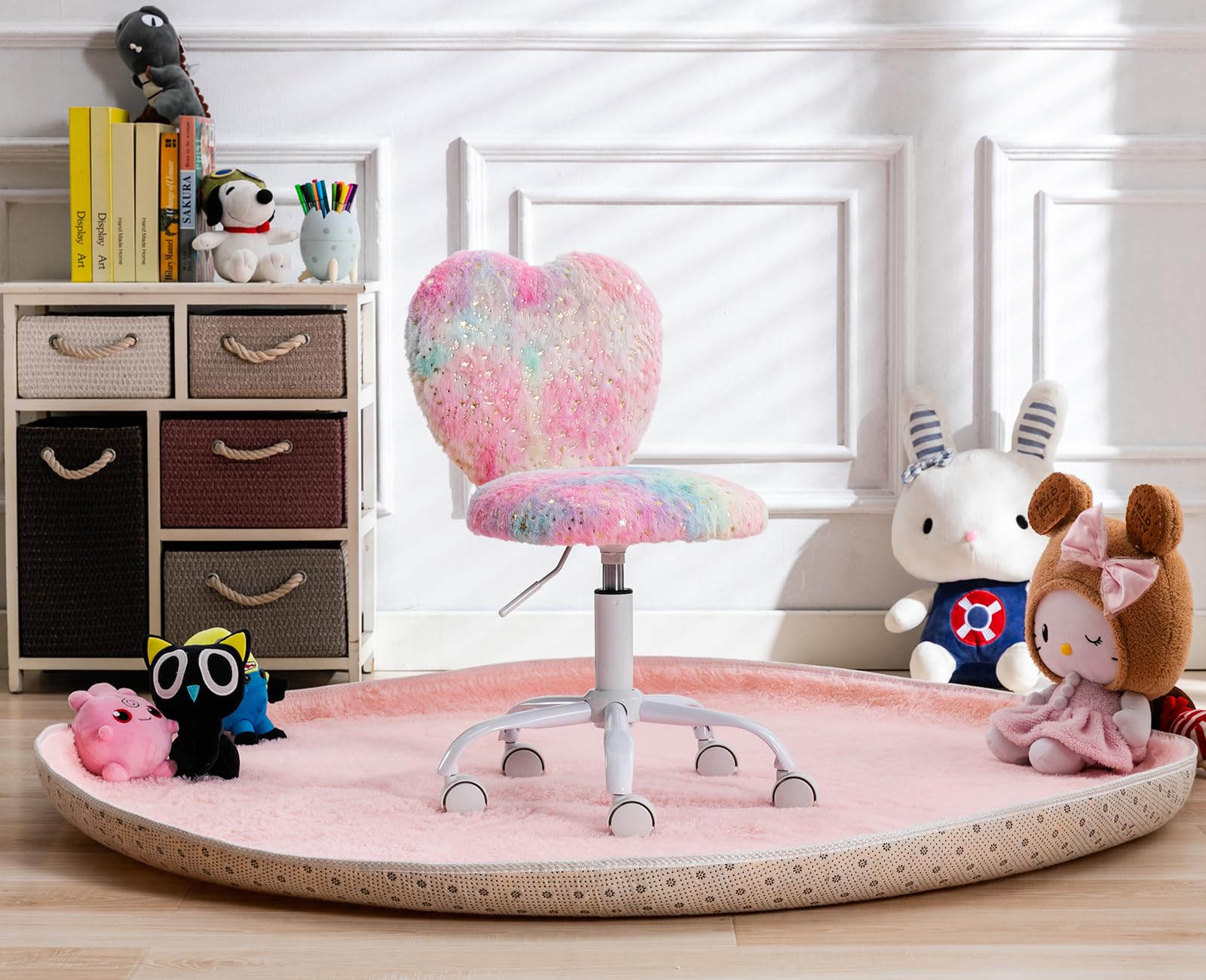 chairus Silla Escritorio Niña de Piel Sintética Silla Infantil de Corazón, Silla Giratoria de Estudio para Niñas con Ruedas y Altura Ajustable, Rosa