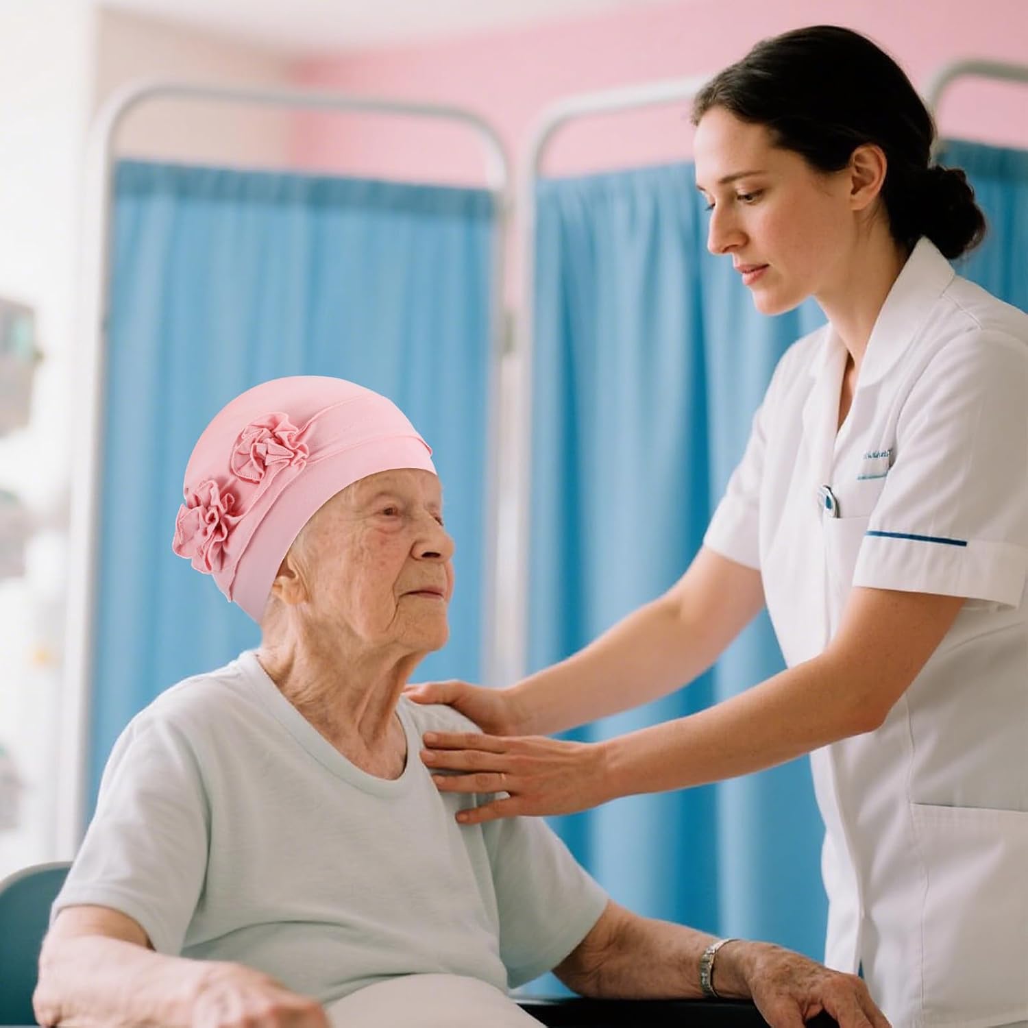 2PCS Chemo Turban Headwear for Women, Soft Cancer Chemo Head Scarf Hats, Cotton Beanie with Flowers for Women's Hair, Elastic Head Covering for Hair Loss (Pink, Gray) - Image 7