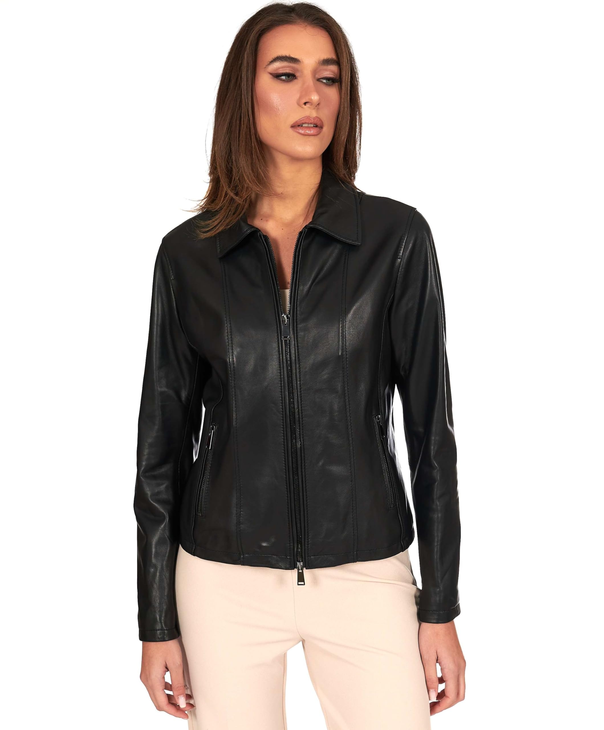 D'Arienzo Giacca Donna Nera Giubbotto Collo Camicia Moto Vera Pelle Made in Italy Vale Cam