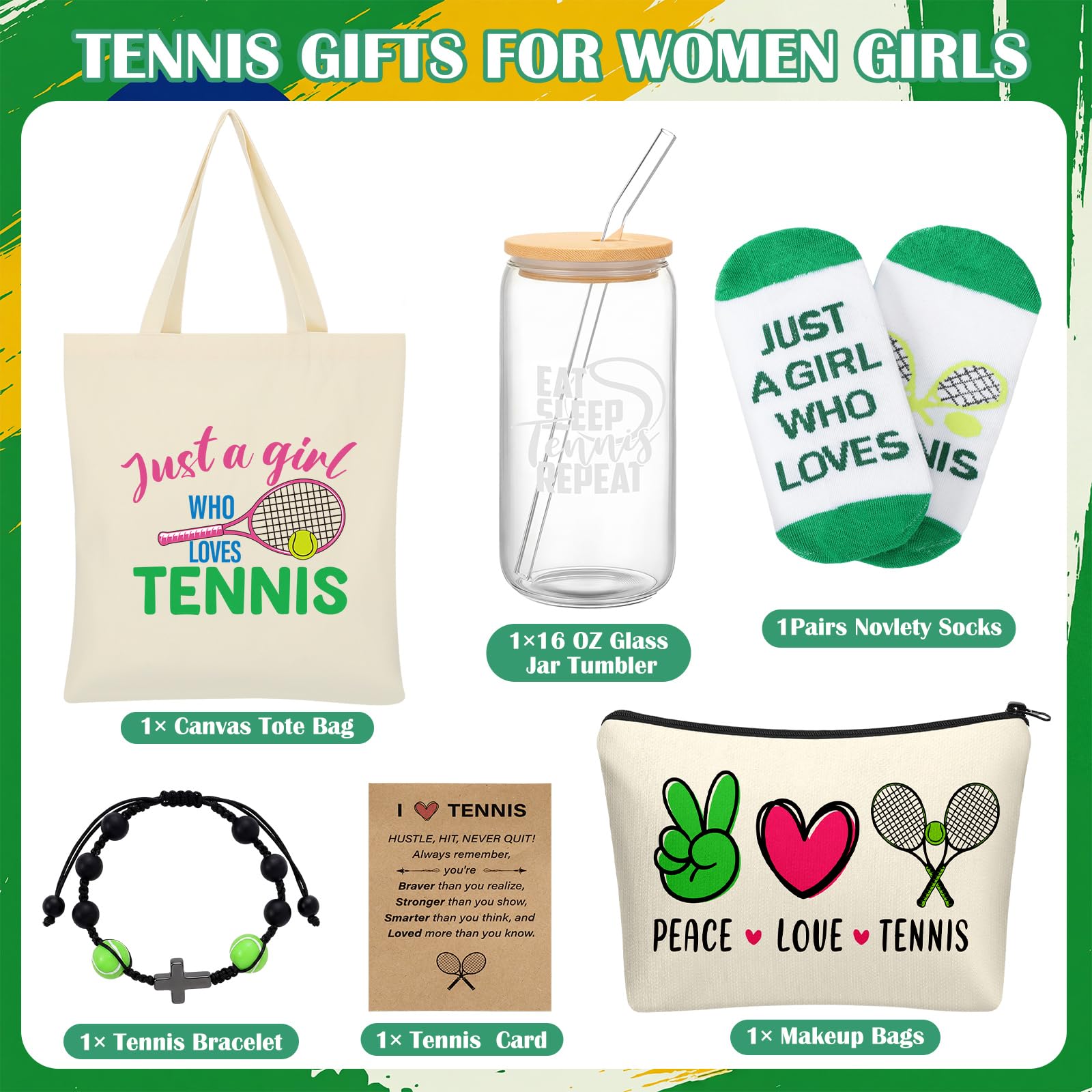 Chunful 6 Pcs Tennis Gifts Set for Teen Girls & Women Team Essentials Accessories Include 16 oz Glass Jar Tumbler Canvas Tote Bag Makeup Bags Novelty Socks Bracelets for Lover Coach