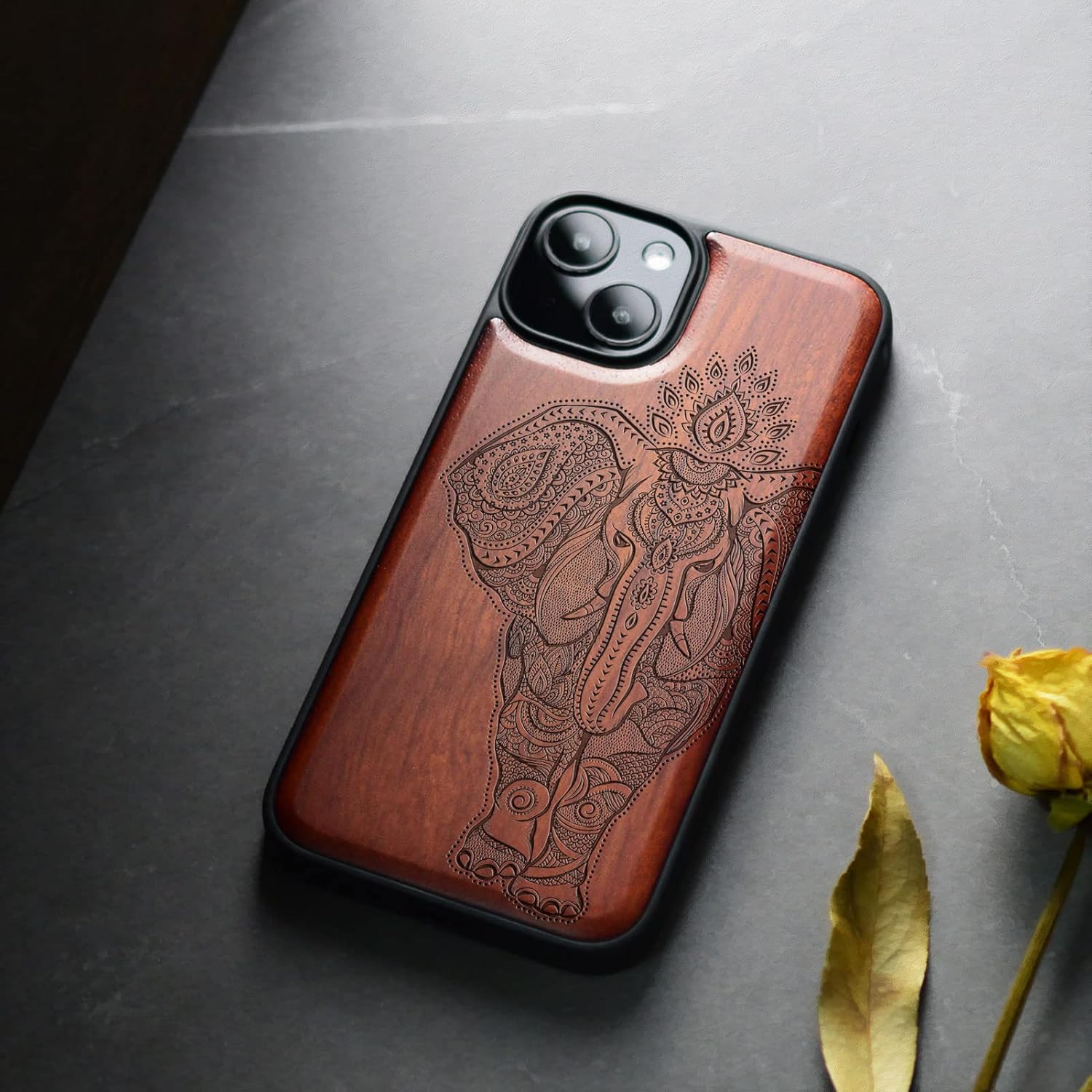 Carveit Magnetic Wood Case for iPhone 14 Case [Natural Wood & Black Soft TPU] Unique & Classy Wooden Shockproof Protective Cover Compatible with magsafe (Indian Lotus Elephant -Rosy)