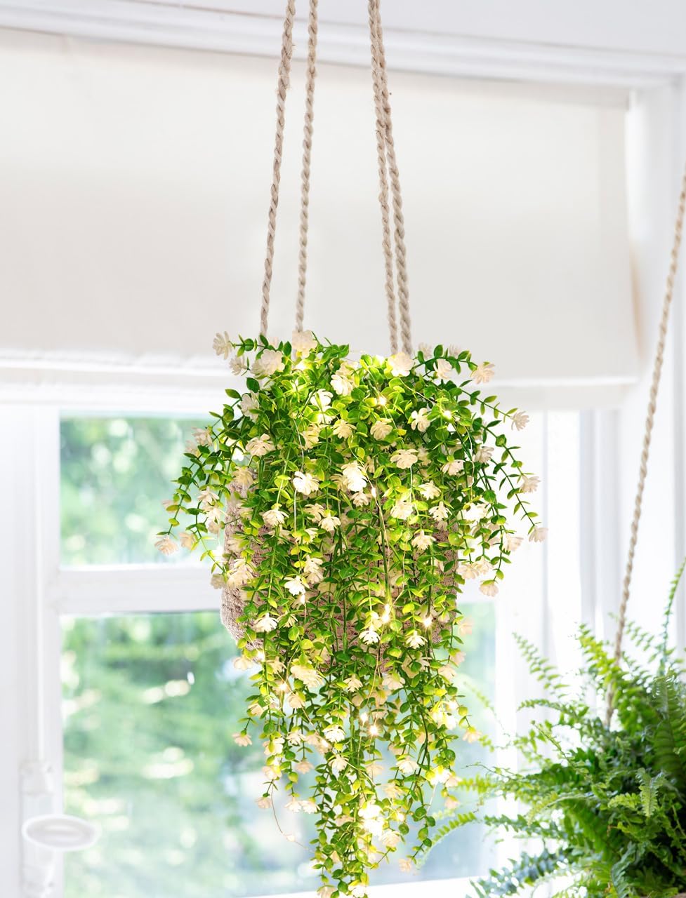 SJL Hanging Faux Plants Indoor 4pcs Fake Flowers Plant Fern with LED Lights Artificial Vines for Outdoors Real Touch Fake Plants All Year Round Eucalyptus Decor for Garden Porch (White) - Image 3