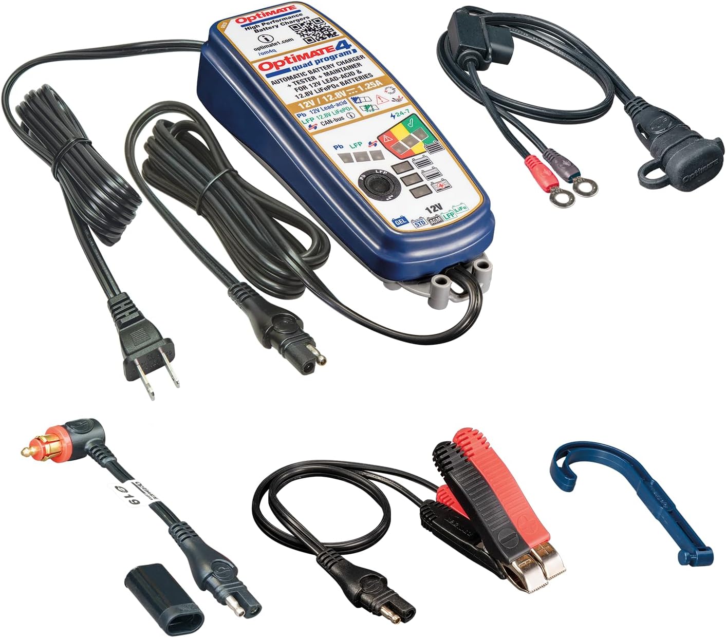 OptiMate 4 Quad Program charger unit with included accessories: ring terminal harness, battery clip set, hanging hook, and O-19 cable accessory.