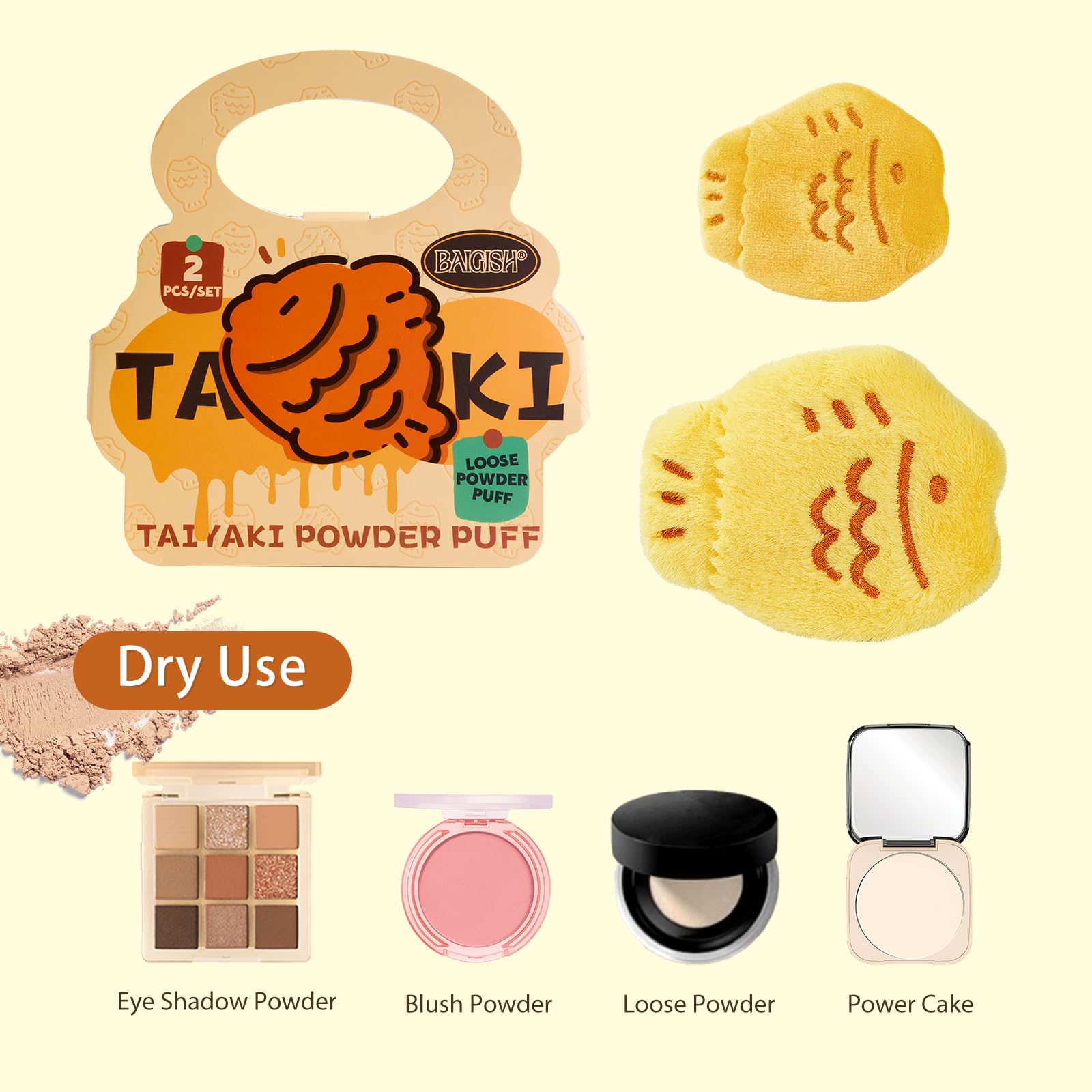 Taiyaki - Esponja de maquillaje suave y reutilizable para aplicar polvos sueltos o prensados, esponja de belleza de terciopelo de Taiyaki, herramienta de maquillaje (amarillo claro)