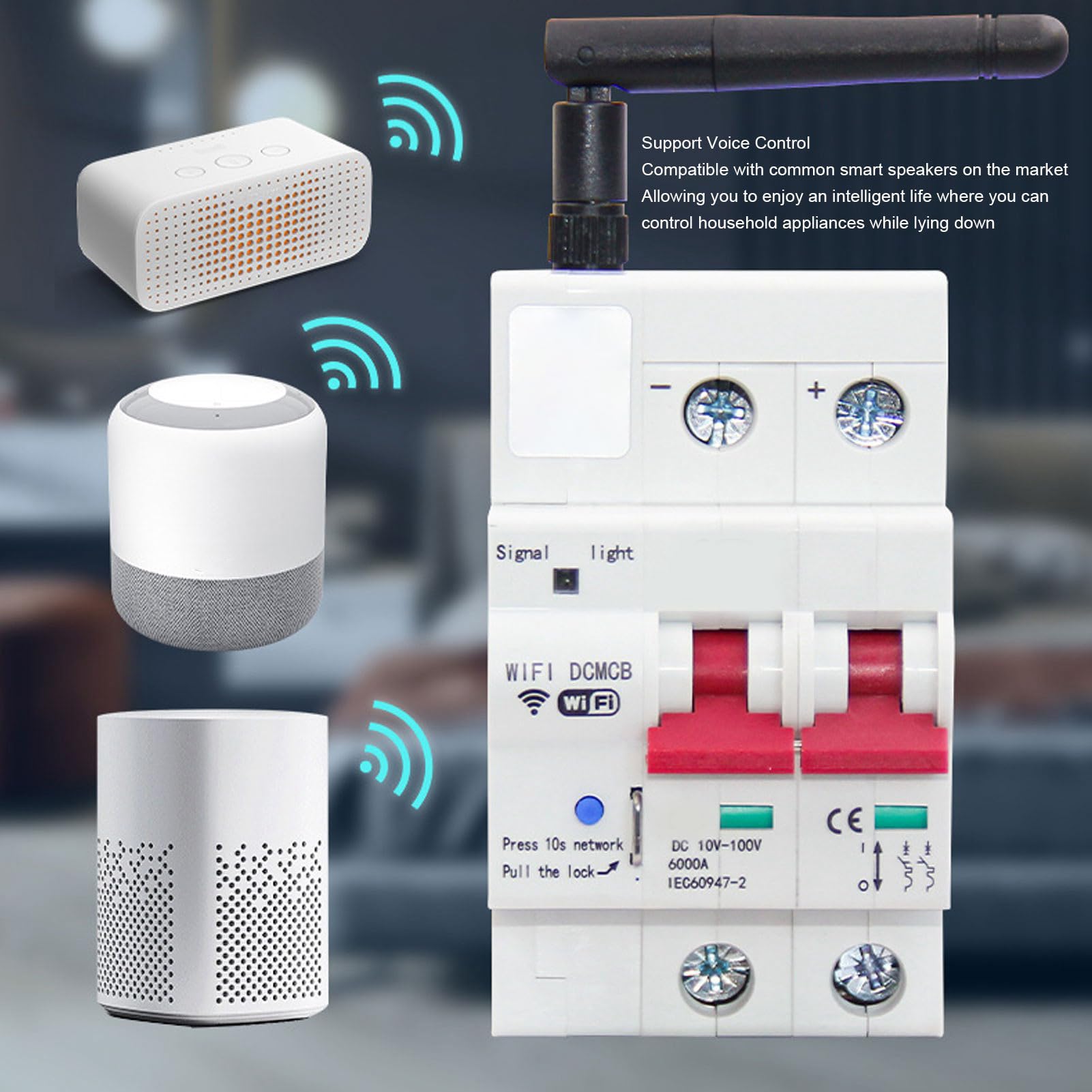 Disyuntor de CC WiFi Inteligente, Control Remoto de Aplicación 2P 100A con Bloqueo de Seguridad, Controlable por Voz, Disyuntor en Miniatura Inteligente para Automatización del