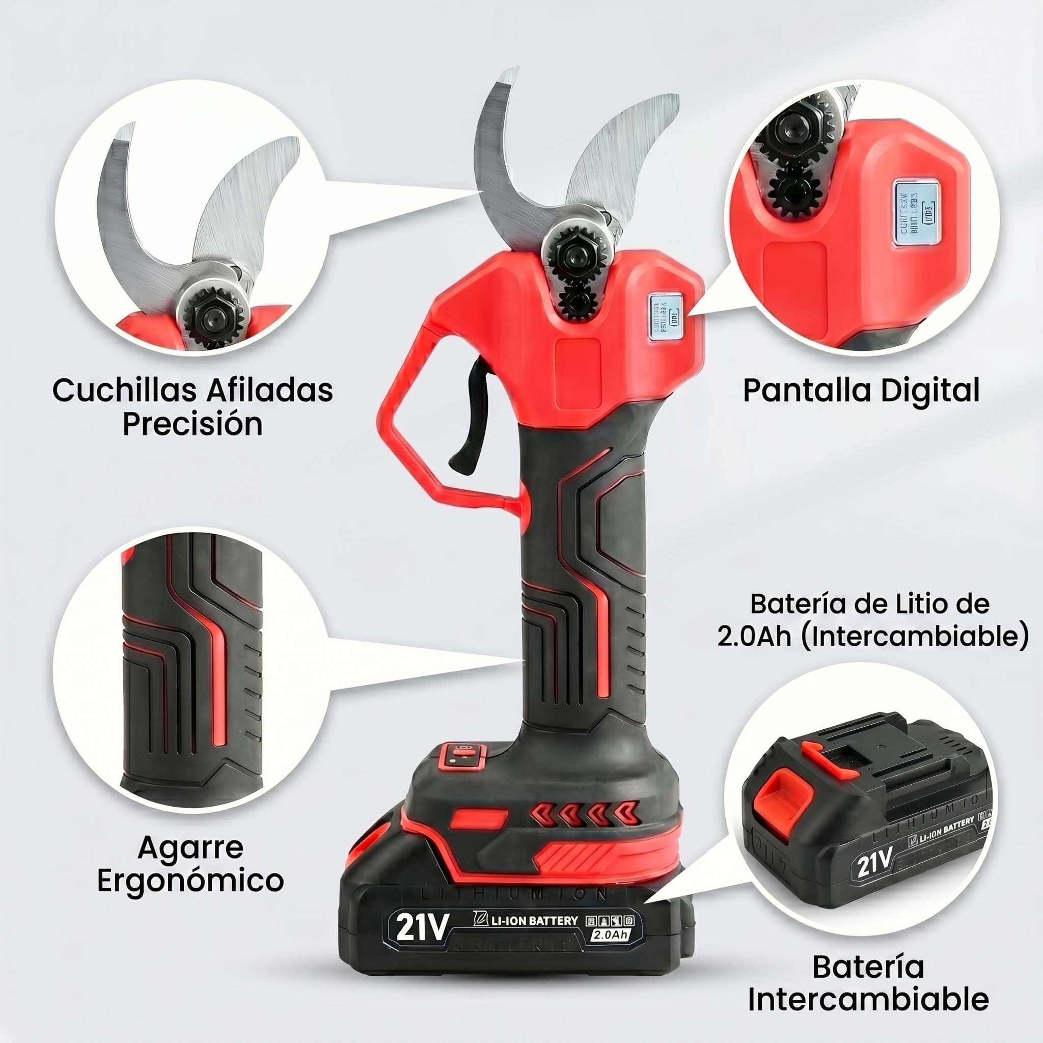Tijeras de Podar Eléctricas, Tijeras de Podar con Batería 2 x 2,0 Ah, Diámetro de Corte 32 mm, Motor Sin Escobillas, Pantalla LED con Contador de Cortes, para Árboles Frutales, Viñedos y Rosales