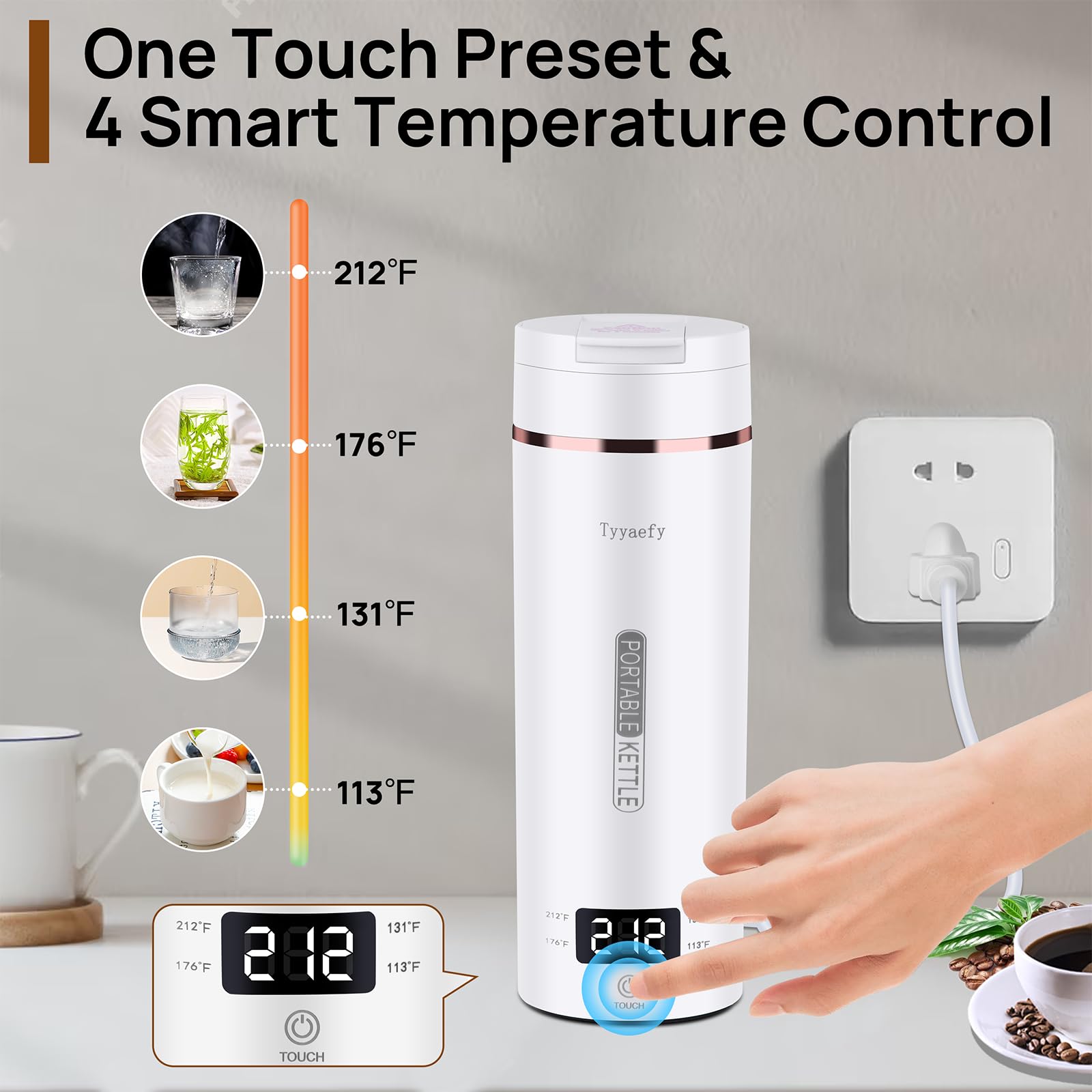 Tetera eléctrica portátil de viaje para café, mini taza de agua caliente, 450 ml, acero inoxidable, color blanco