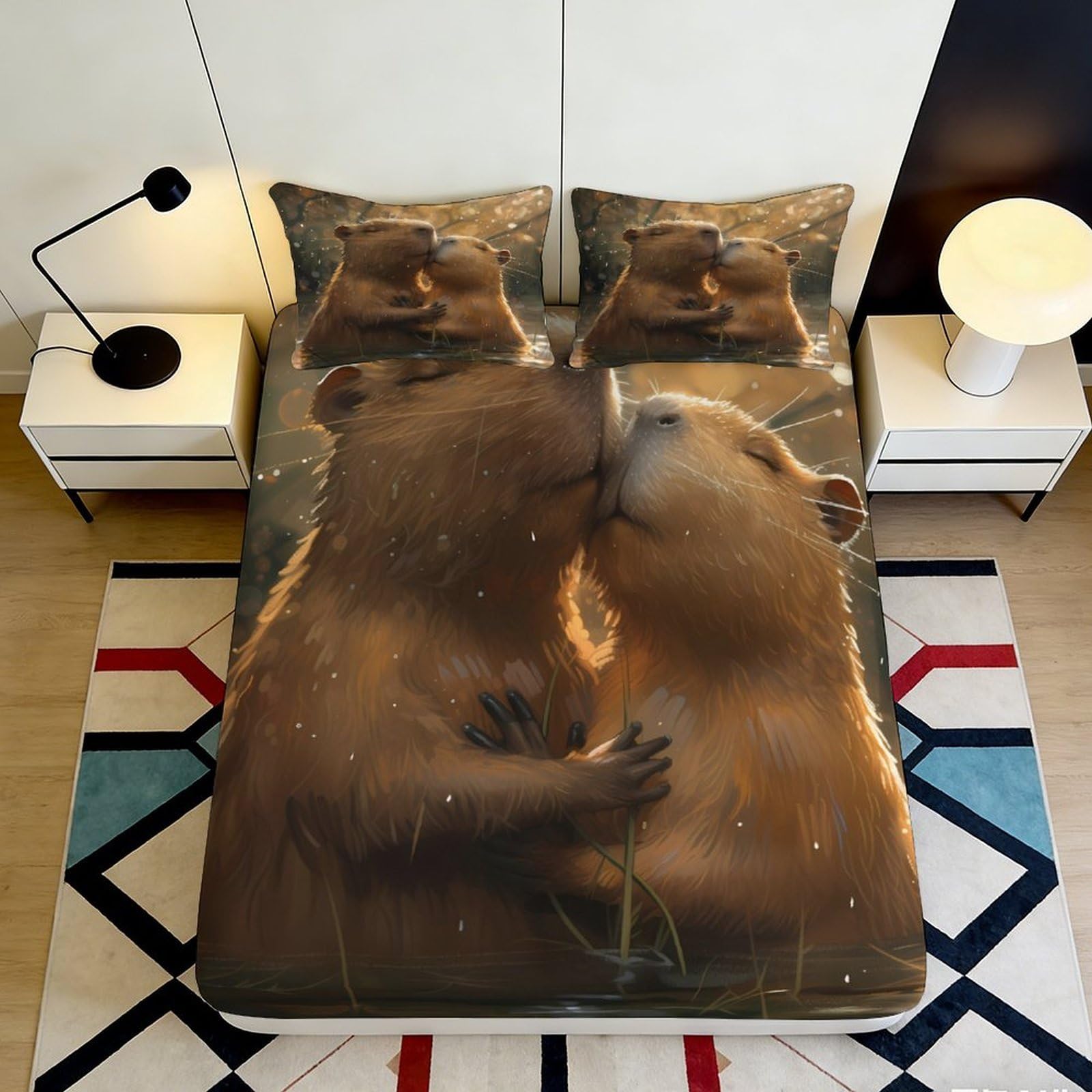 3D Printed Romantic Bears Fitted Sheet Microfiber Soft Durable 3D Printed Loving Animals Mattress Cover for Bedroom Dorm Dormitory Guest Room 120x200x25cm